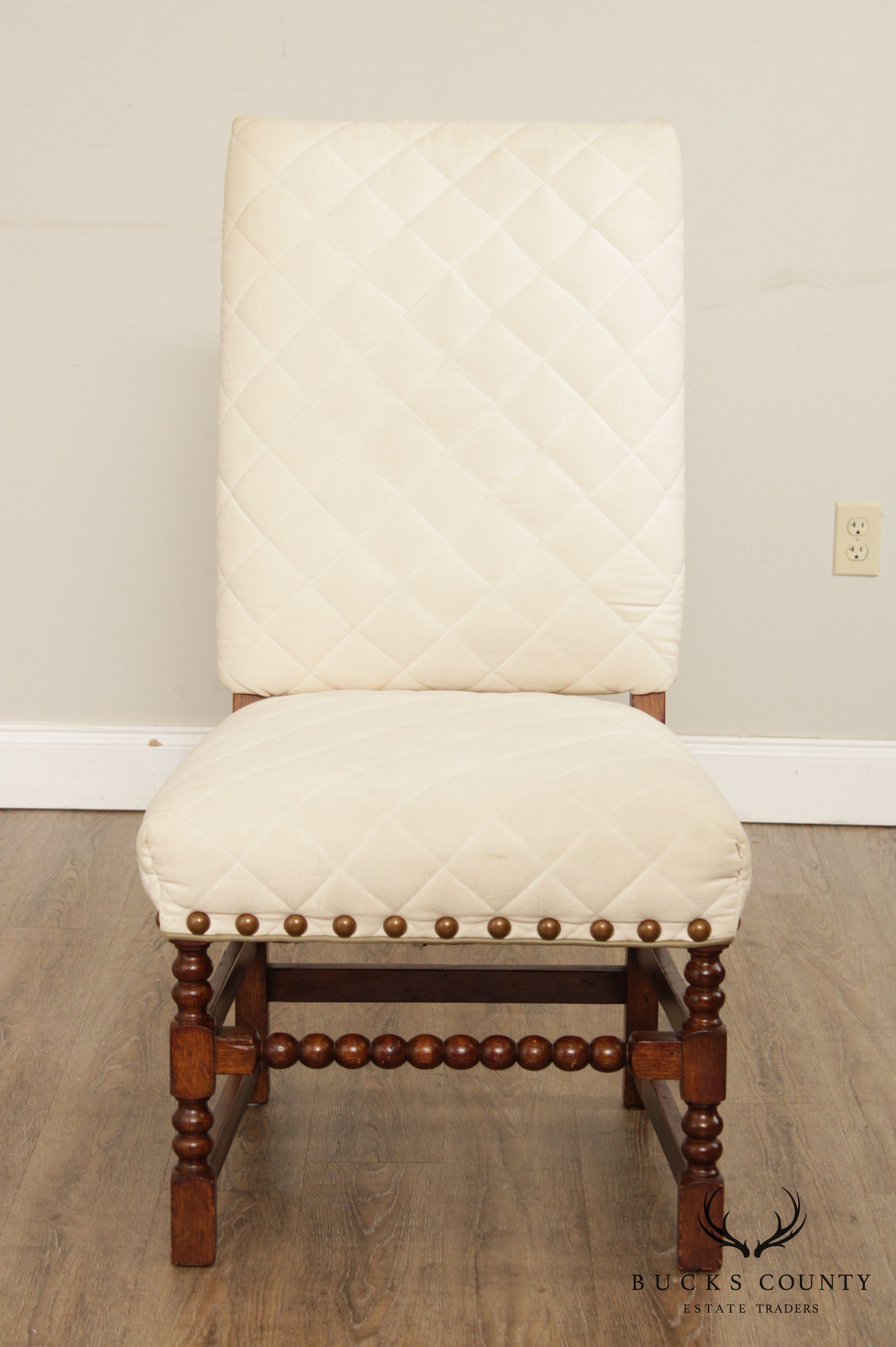 Jacobean Style Pair Spool Turned Upholstered Side Chairs