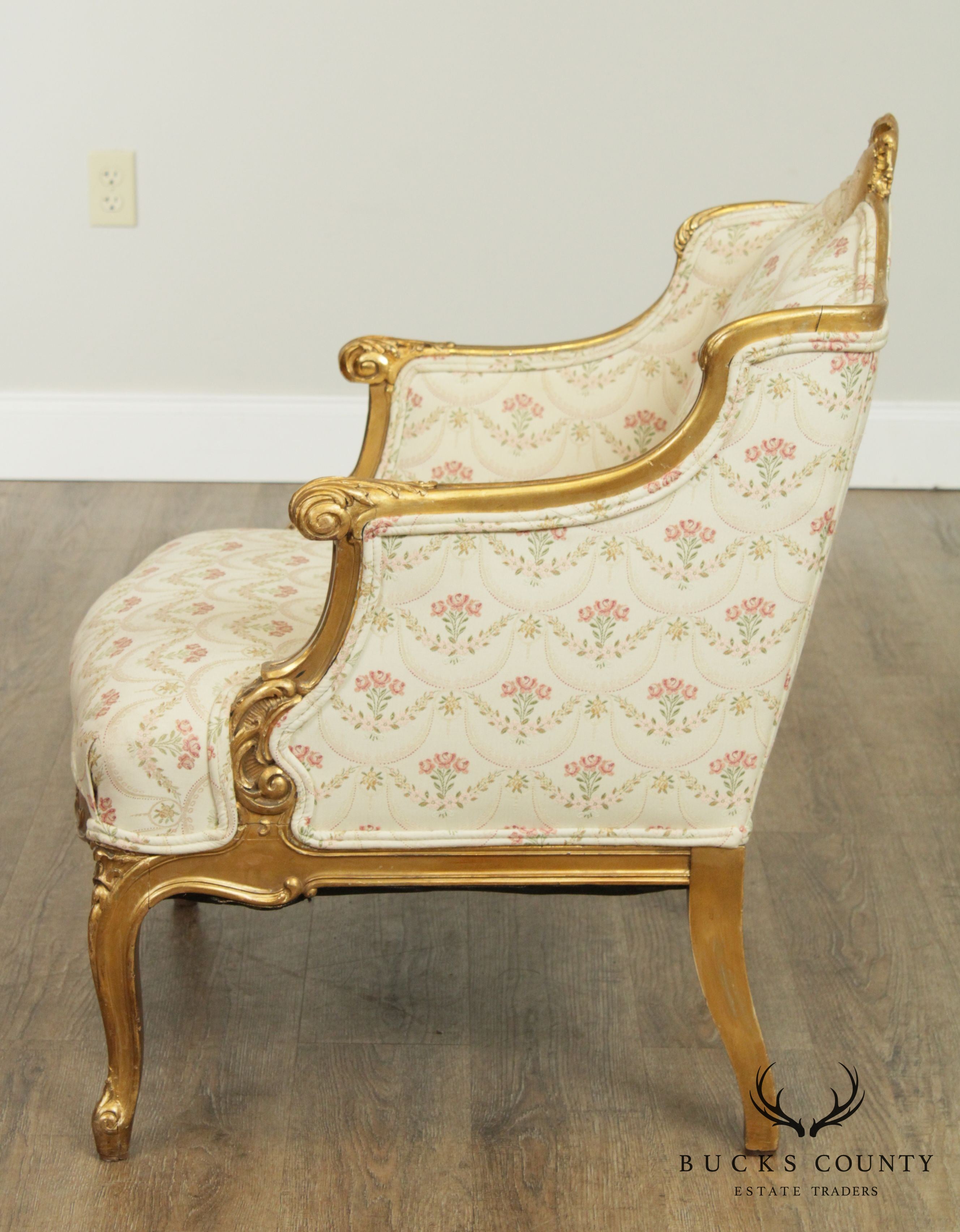 French Louis XV Style Antique Gilt Frame Bergere Chair