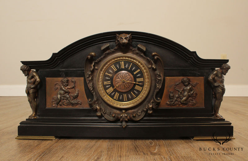 Antique Neoclassical Onyx Bronze Mantle Clock