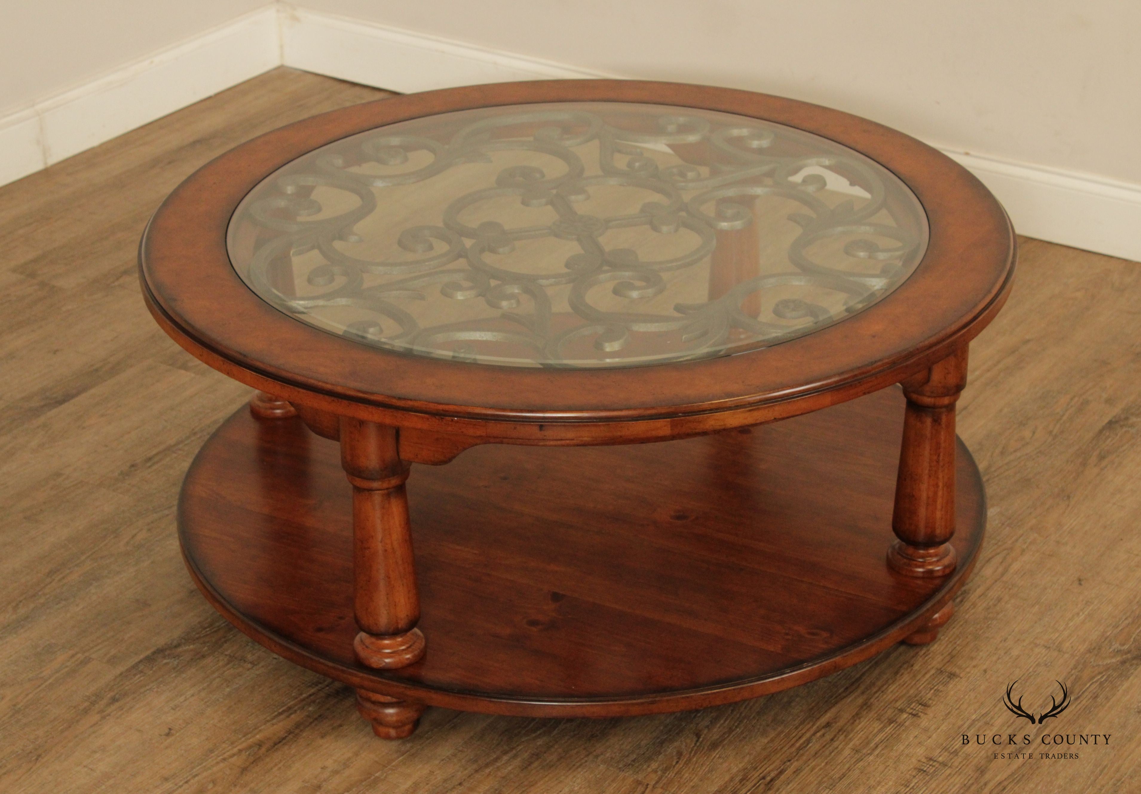 Rustic European Style Wood and Glass Top Iron Scroll Round Cocktail Table