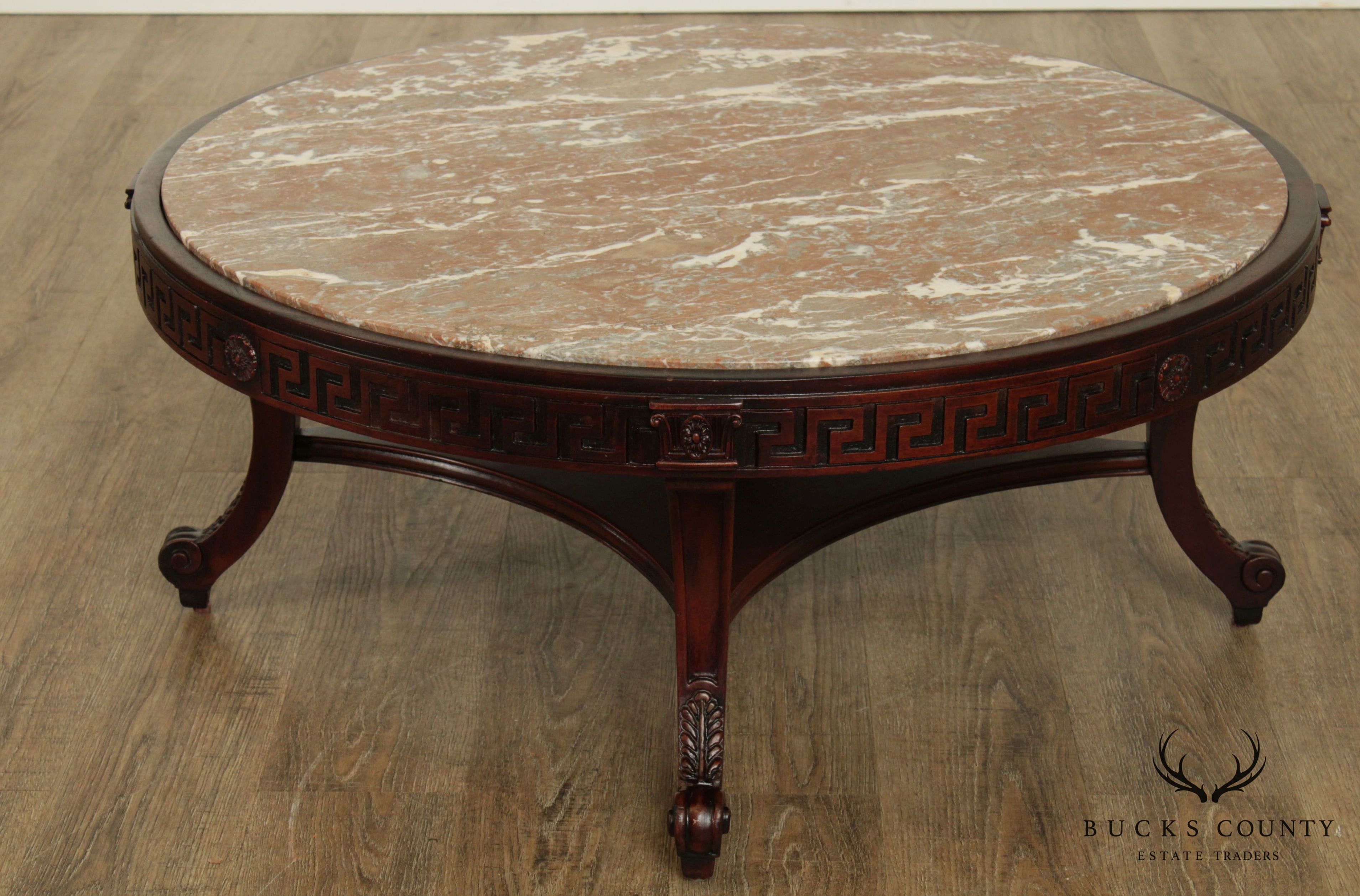 Vintage Greek Revival Neo-Classical Style Round Marble Top Mahogany Coffee Table