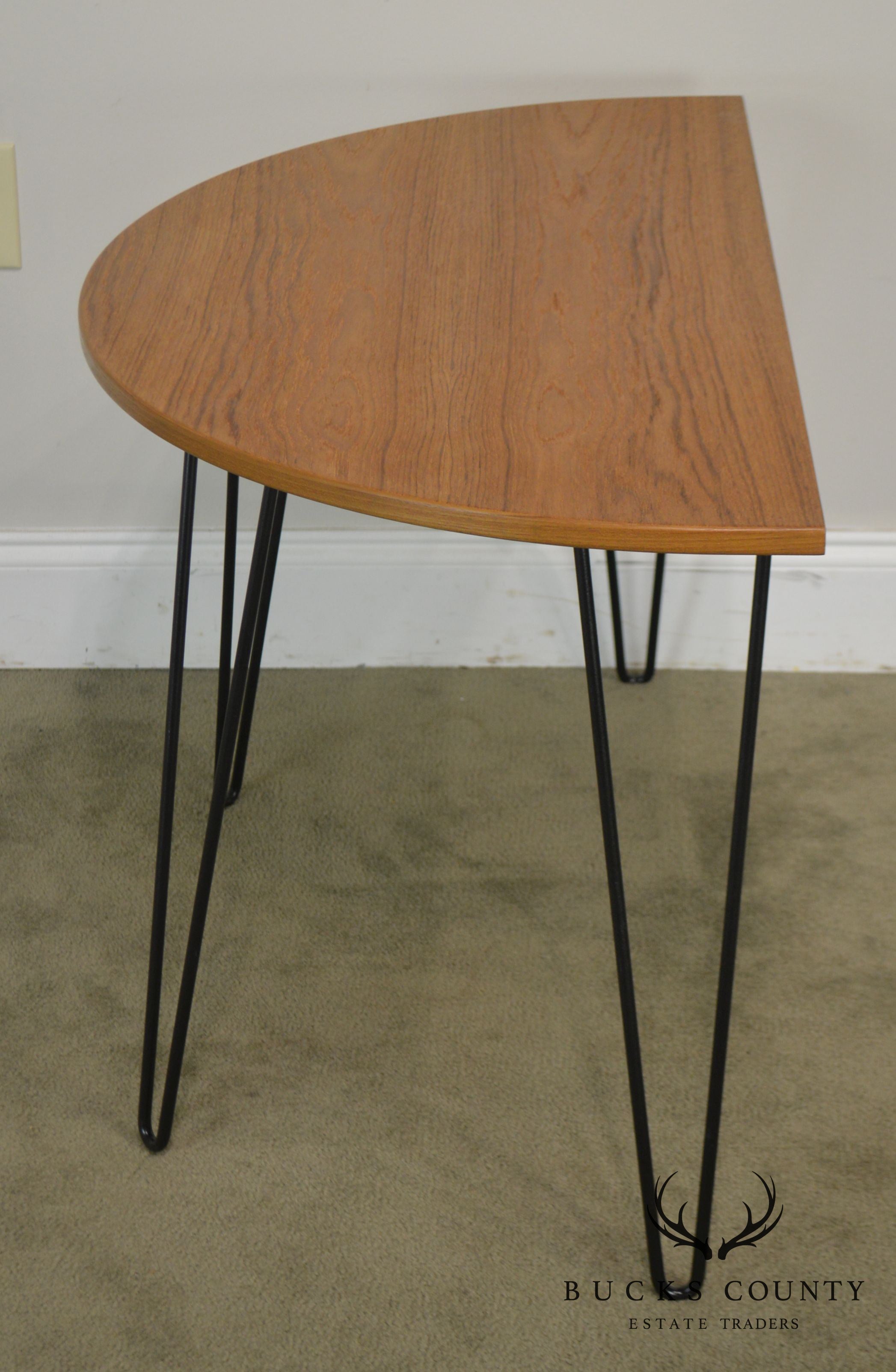 Danish Modern Style Demilune Teak Console Table with Iron Hair Pin Legs