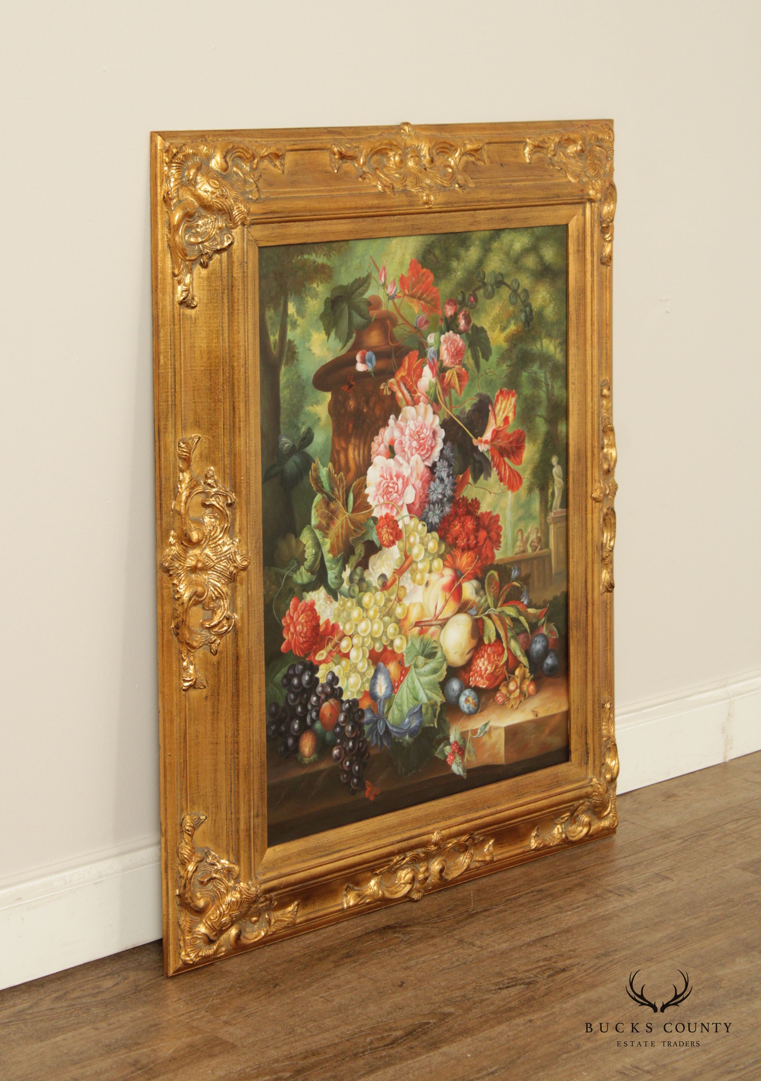 20th C. Floral and Fruit Still Life Original Oil Painting