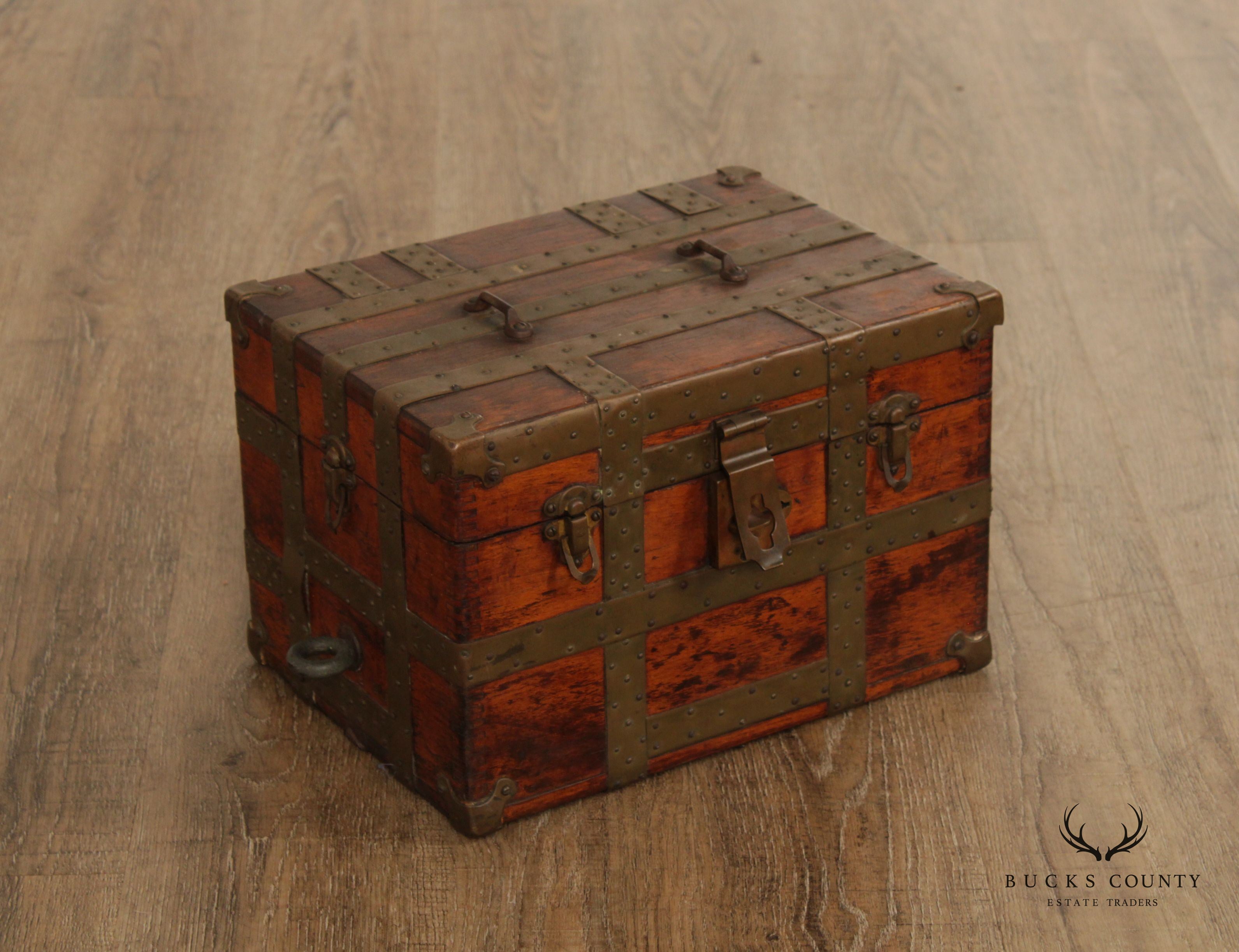 Antique Rustic Wood and Metal Small Storage Steamer Chest Trunk