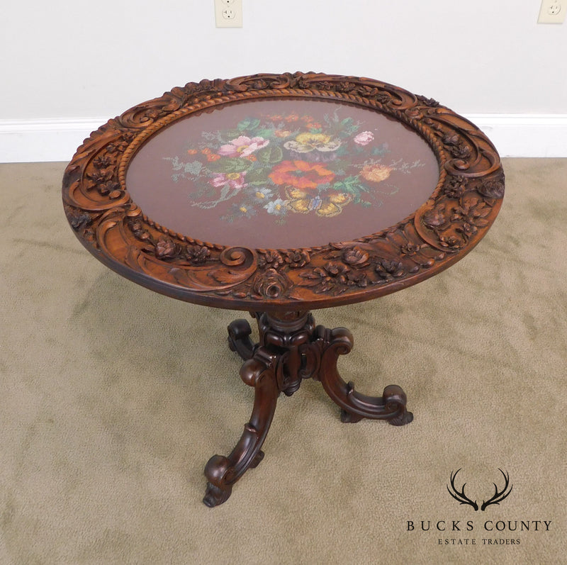 Renaissance Revival Antique Hand Carved Solid Walnut Round Table with Beeded Needlework