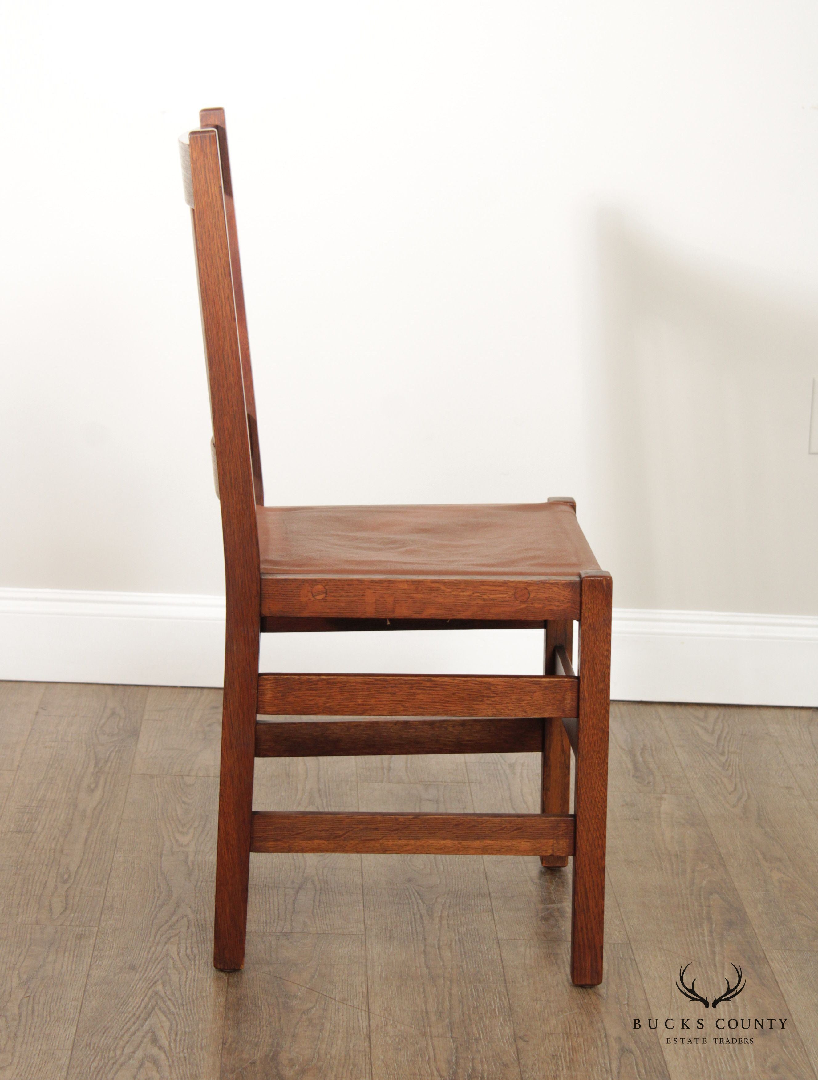 L. & J.G. Stickley Antique Mission Oak Pair of Leather Seat Side Chairs