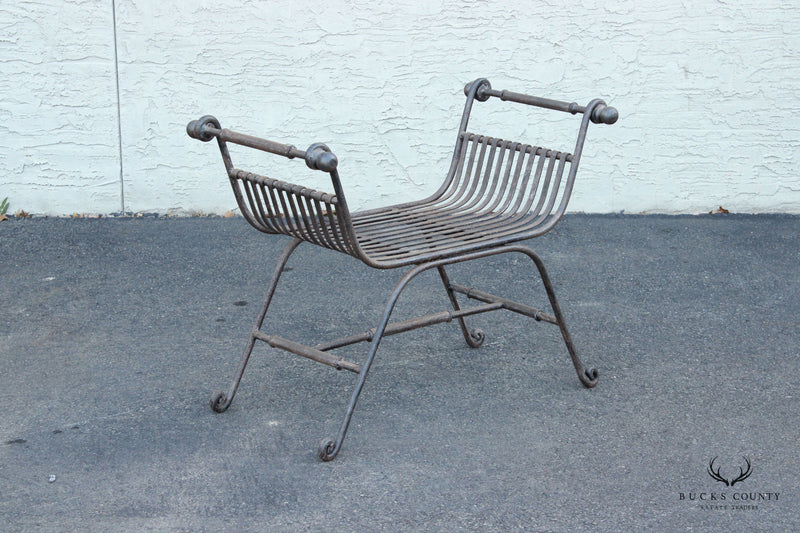 Vintage Wrought Iron Outdoor Patio Curule Bench