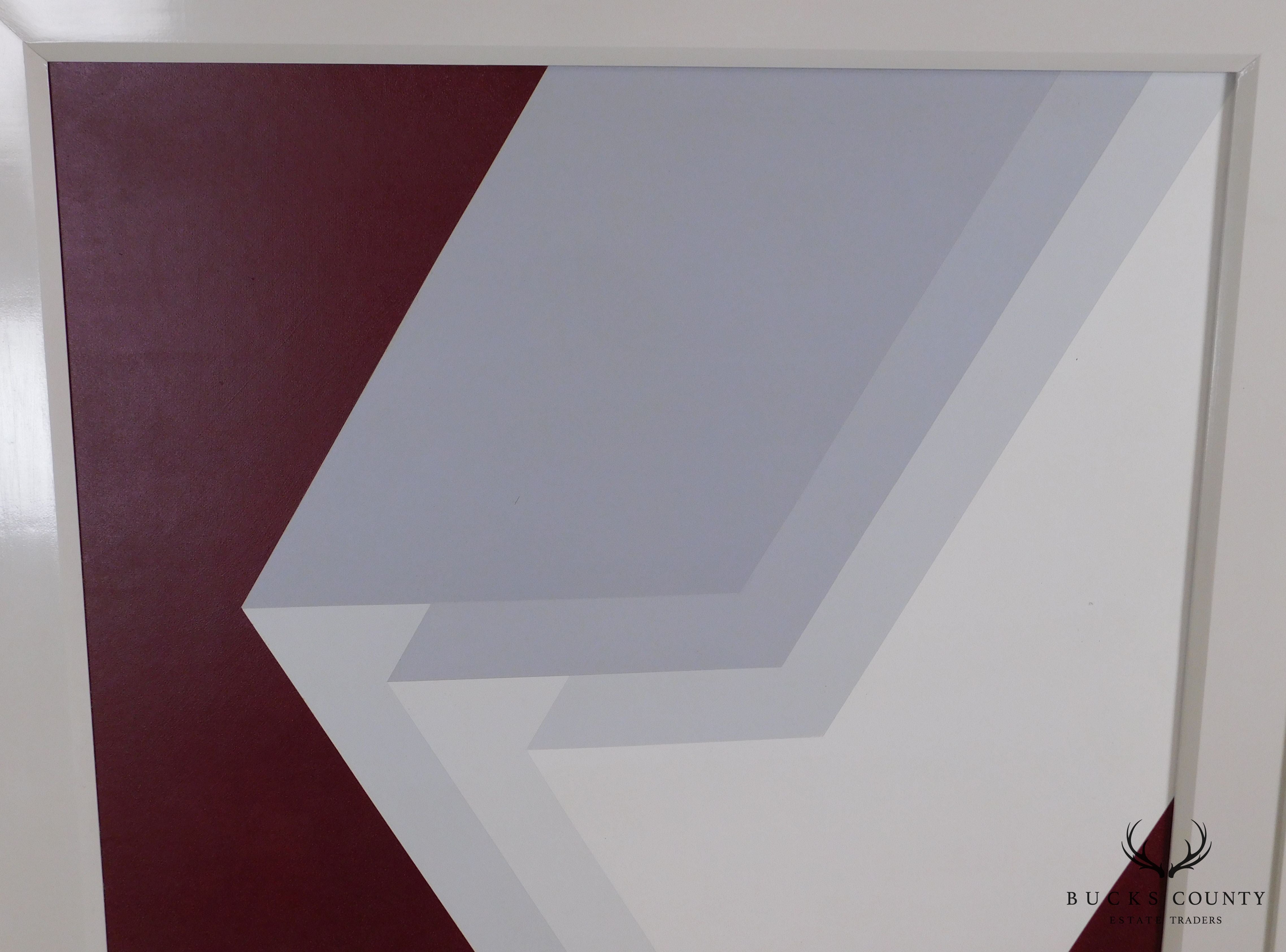 Giordano Op Art Geometric Painting White Z Form Planes on Dark Red Background