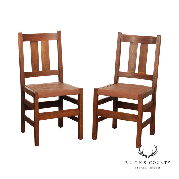 L. & J.G. Stickley Antique Mission Oak Pair of Leather Seat Side Chairs