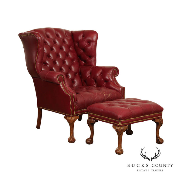 Chippendale Style Tufted Leather Armchair and Ottoman