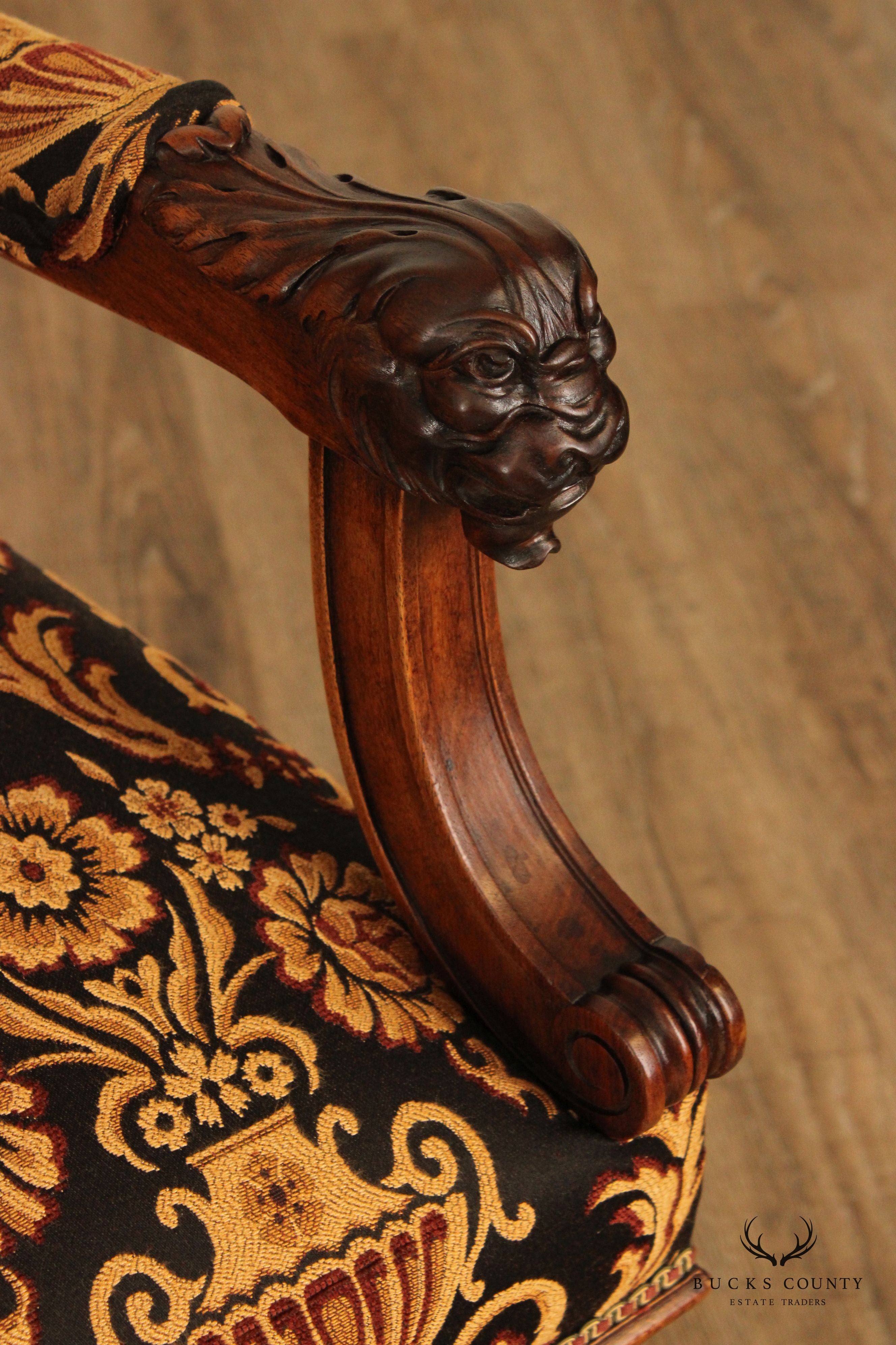 Antique French Renaissance Revival Style Carved Walnut Throne Armchair