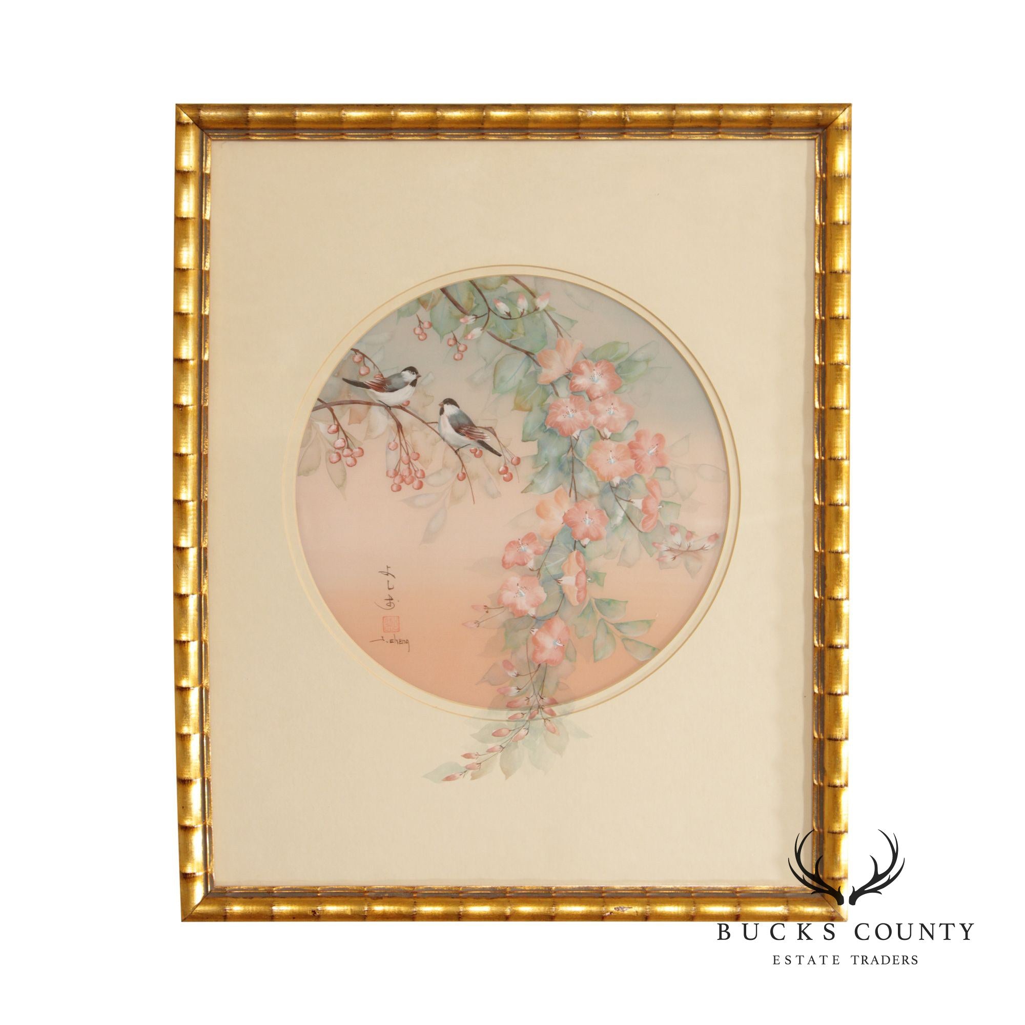 Chinese 20th C. Birds and Floral Silk Painting, Signed 'J. Cheng'