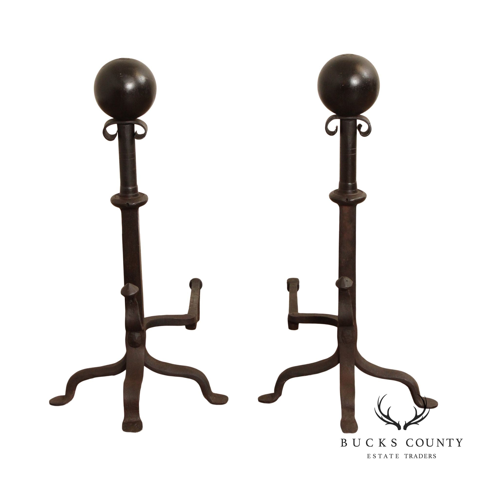 Arts & Crafts Pair of Heavy Iron Fireplace Andirons