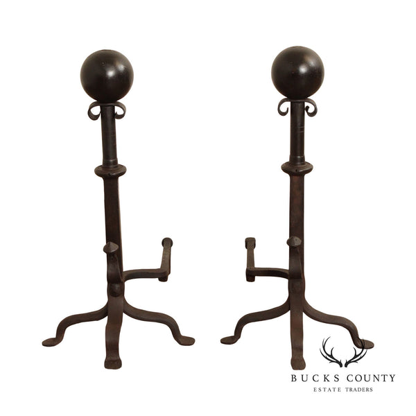 Arts & Crafts Pair of Heavy Iron Fireplace Andirons