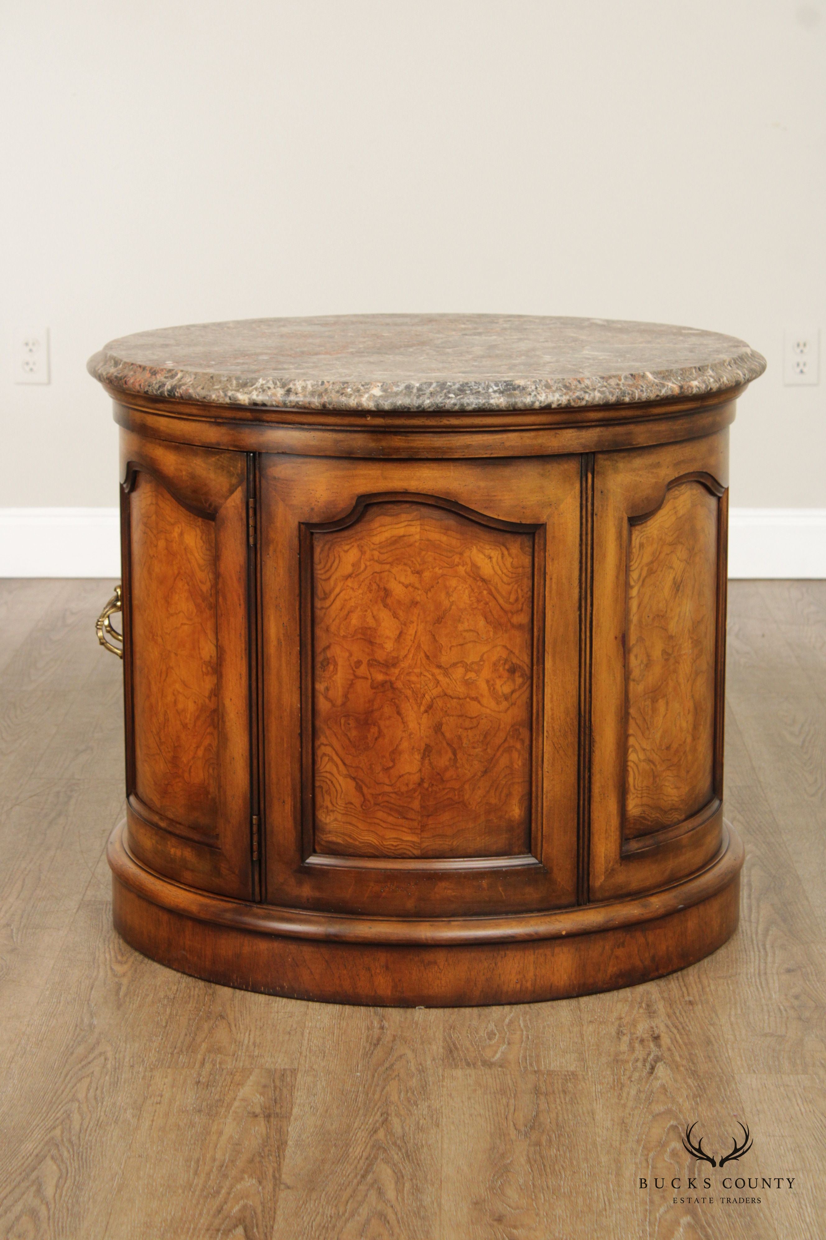 Henredon English Regency Style Round Marble Top Drum Cabinet Side Table