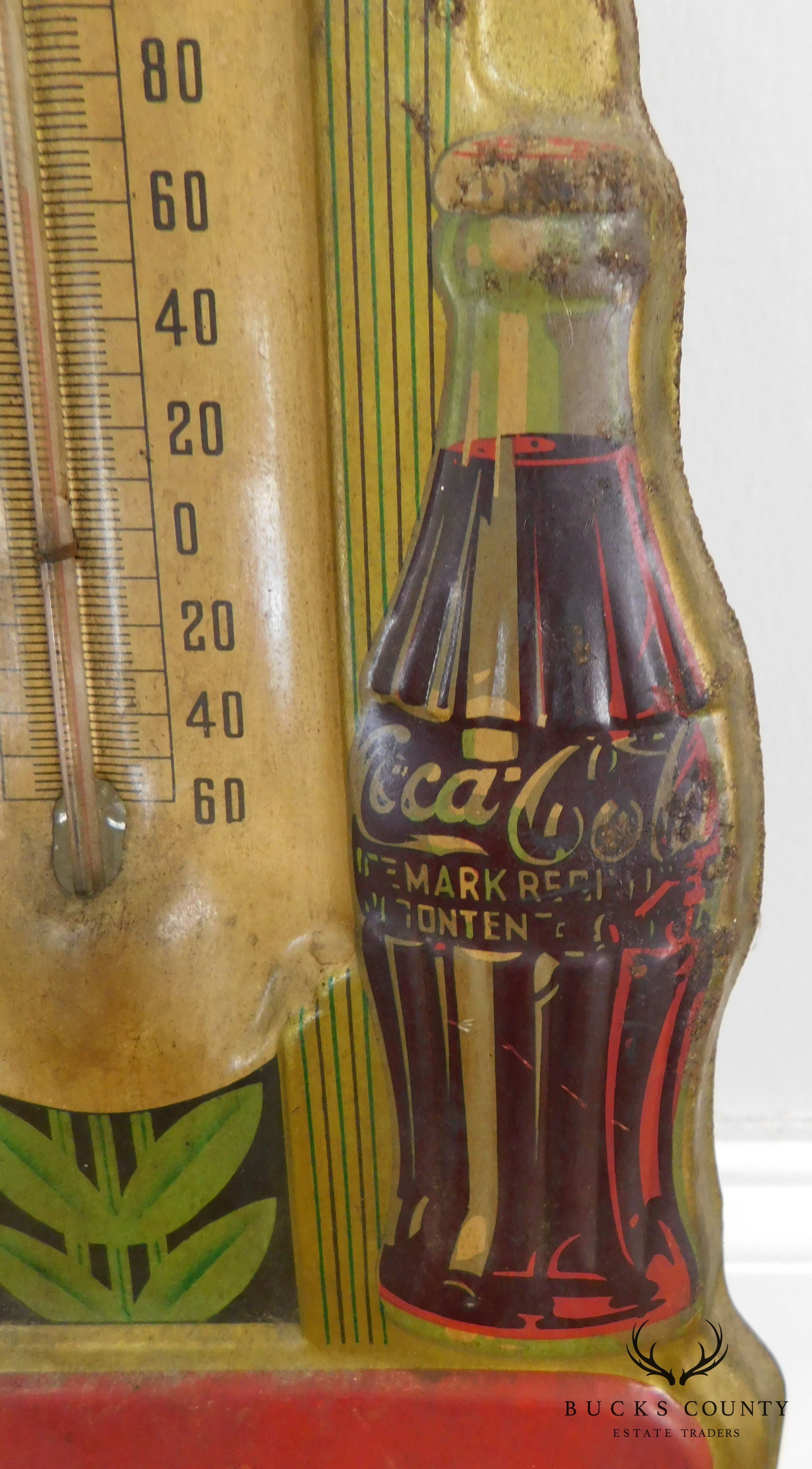 1940's Art Deco Vintage Coca Cola Embossed Tin Advertising Thermometer