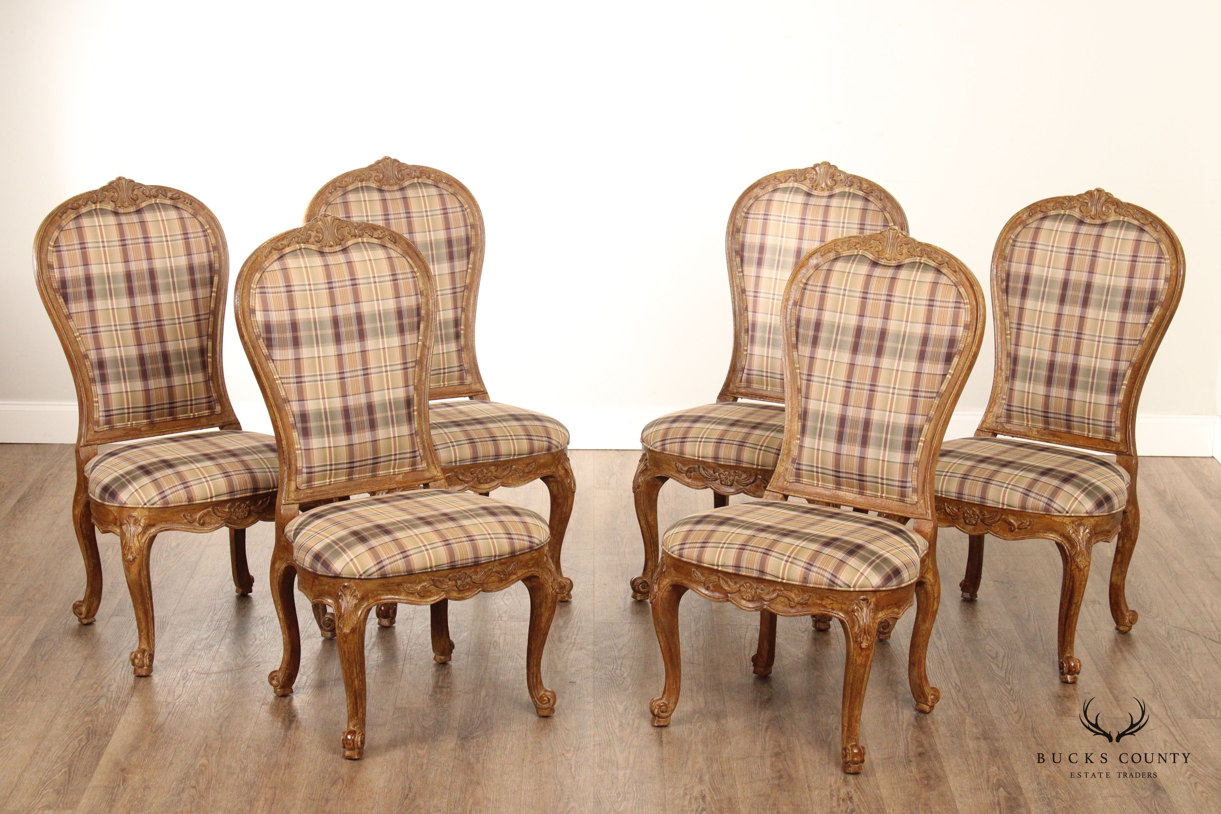 French Louis XV Style Set Six Plaid Upholstered Dining Chairs