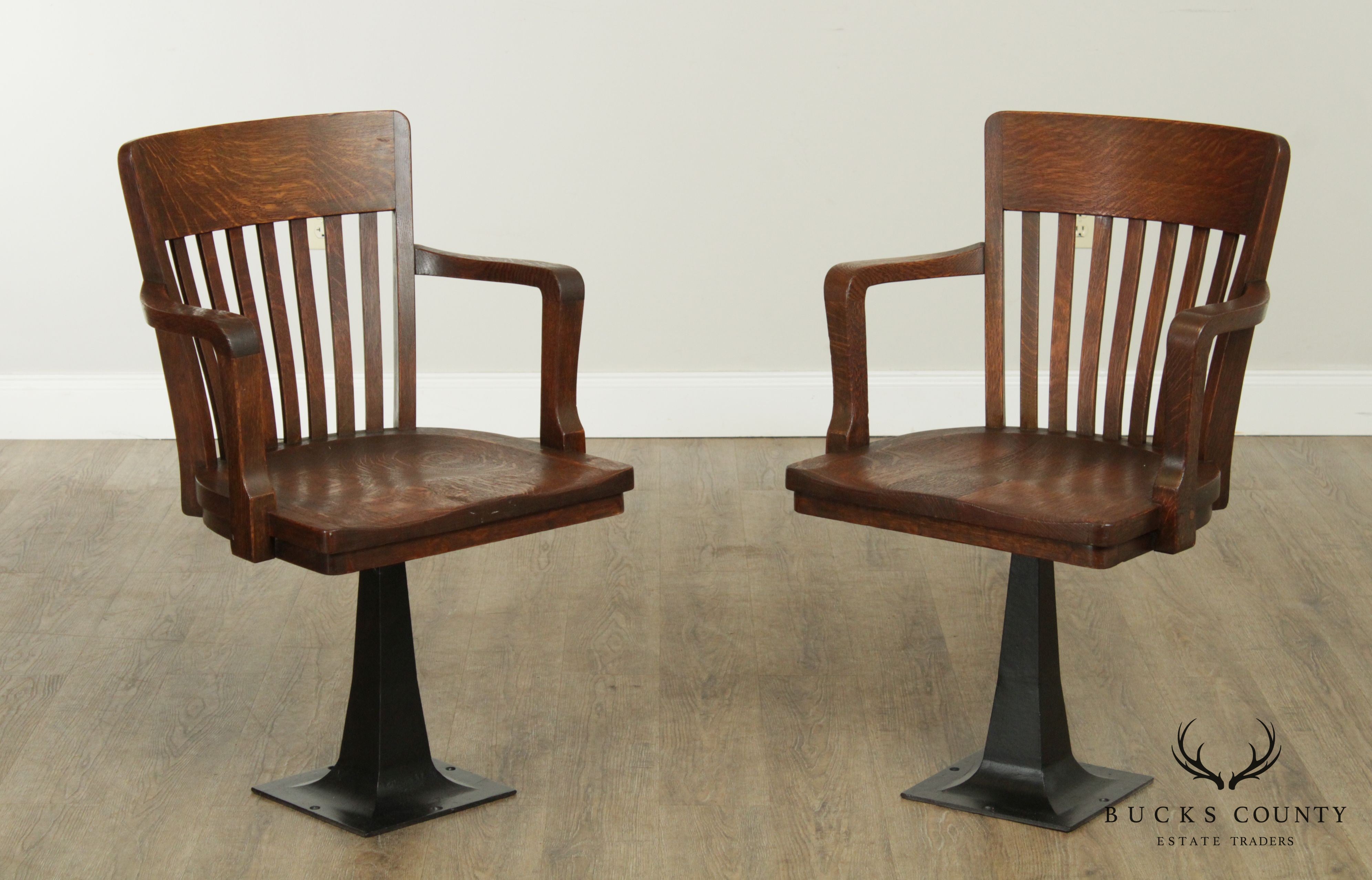 Antique Pair Mission Oak Swivel Armchairs, Iron Bases