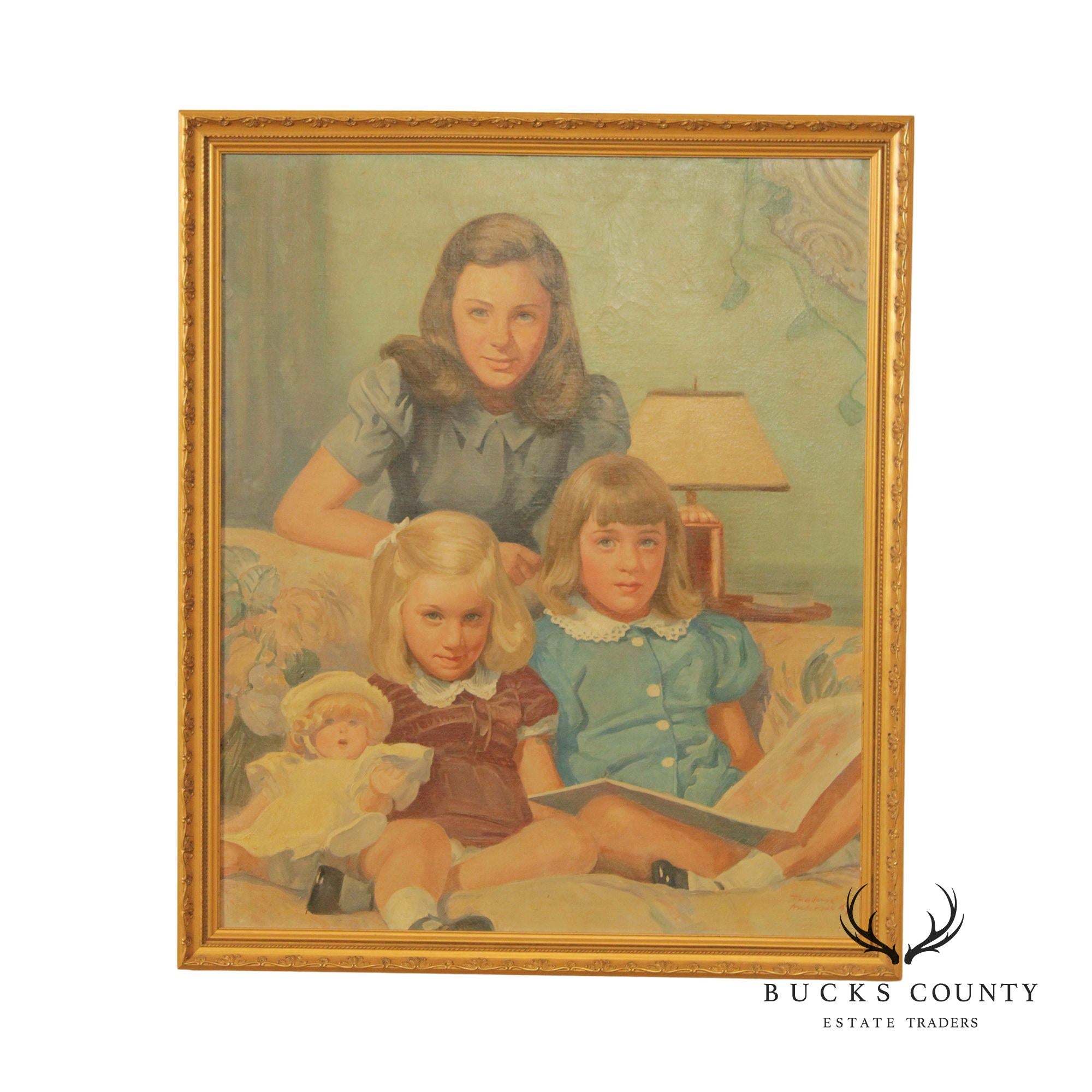 American 1940s Family Portrait Original Oil Painting, by Frederic Anderson