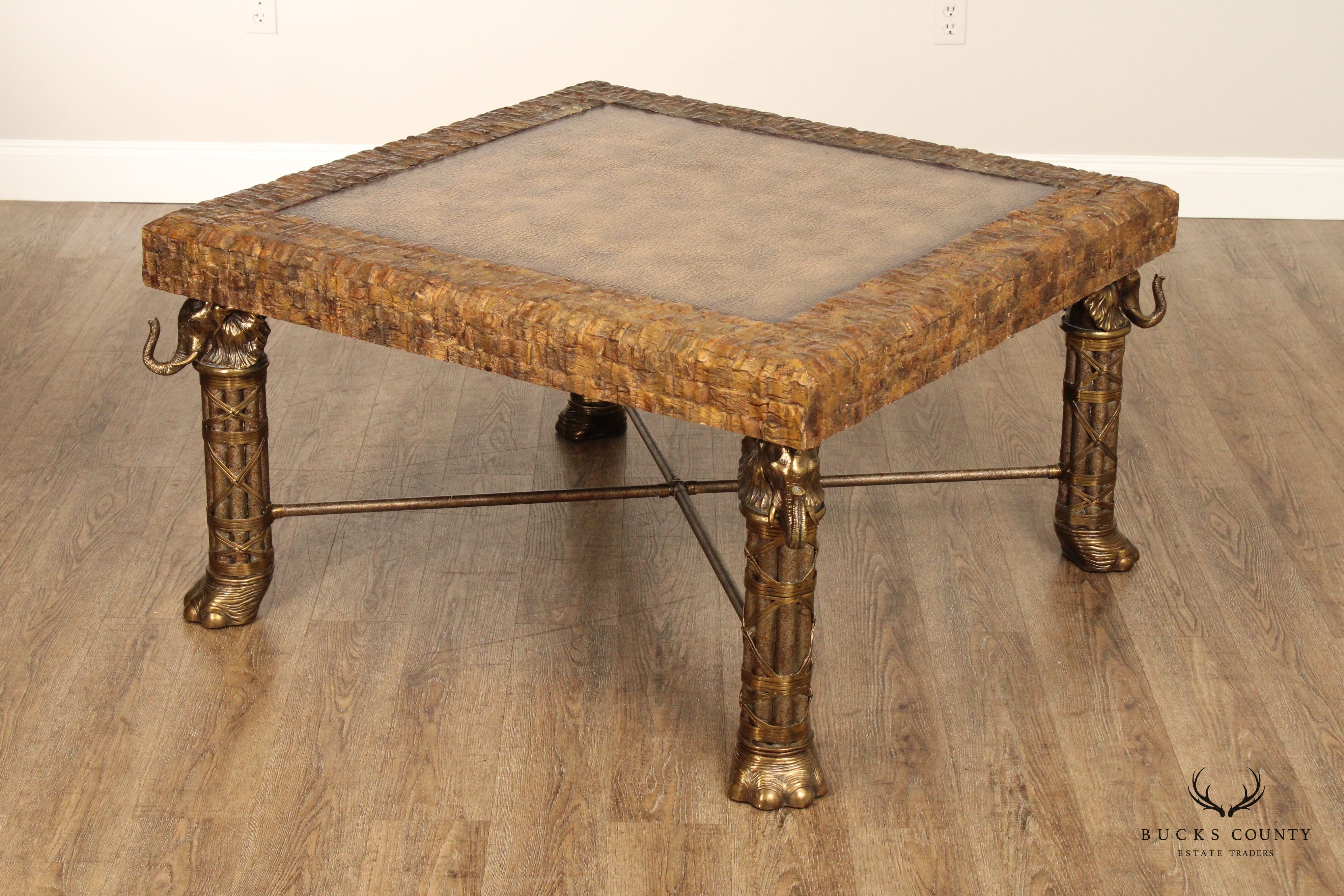 Maitland Smith Unusual Brass Elephant Base Square Leather Top CoffeeTable