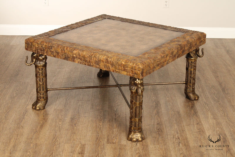 Maitland Smith Unusual Brass Elephant Base Square Leather Top CoffeeTable