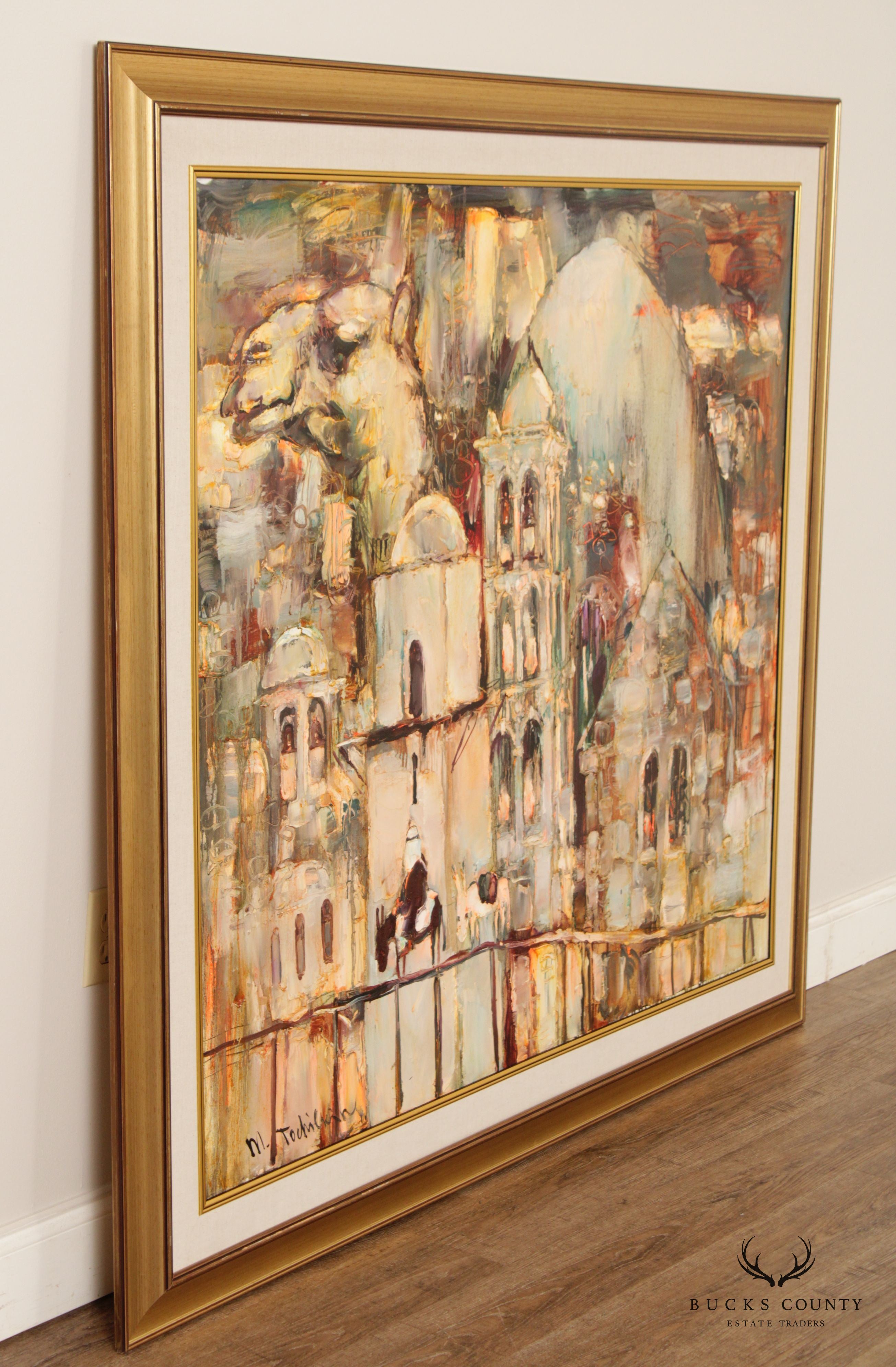 Vintage 20th C. Abstract Jerusalem Cityscape Original Painting, By Mark Tochilkin