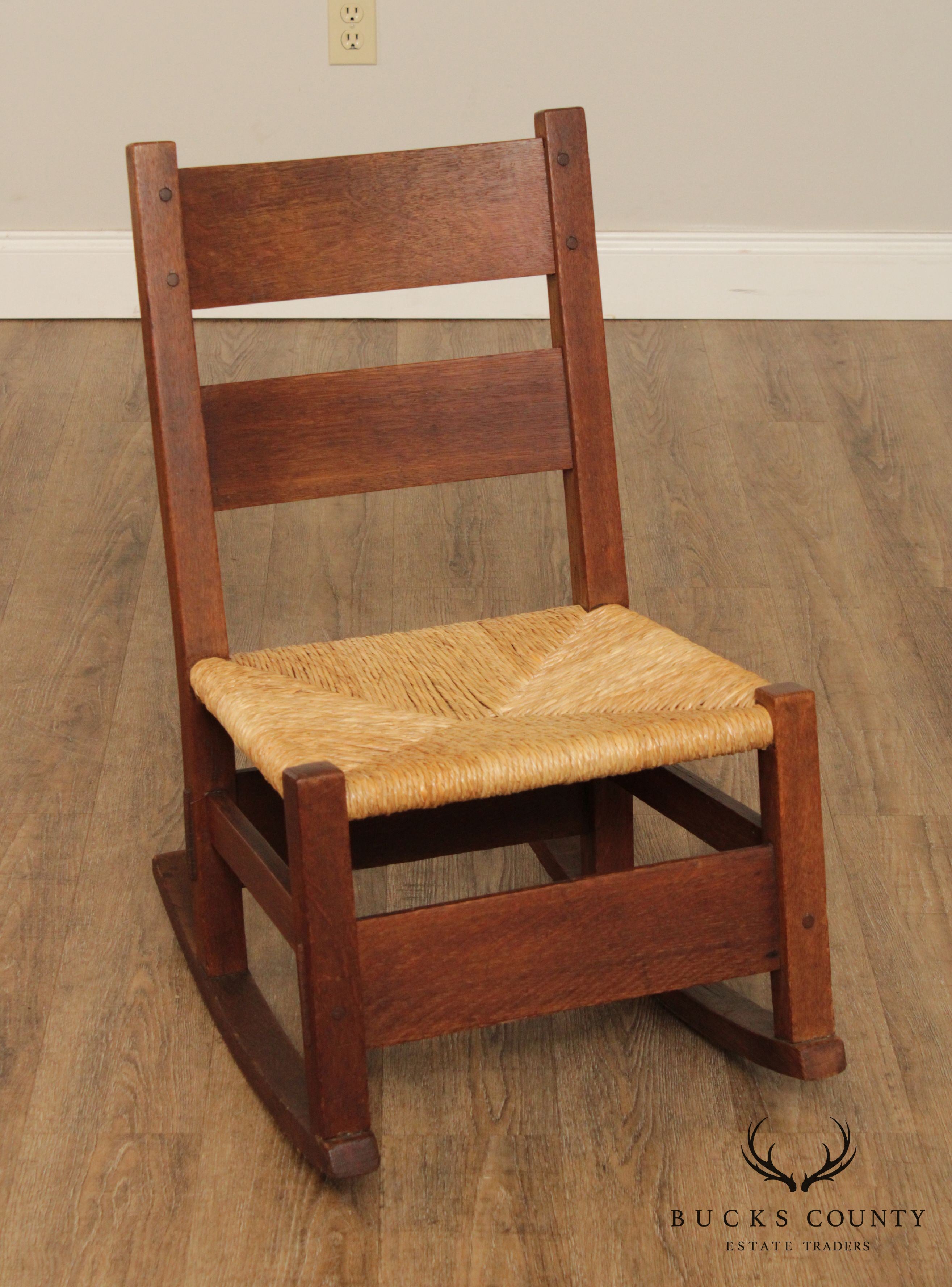 Gustav Stickley Antique Mission Oak Rush Seat Nursing Rocker