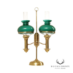 Victorian Style Double Arm Brass Desk Lamp with Green Hurricane Glass Shades