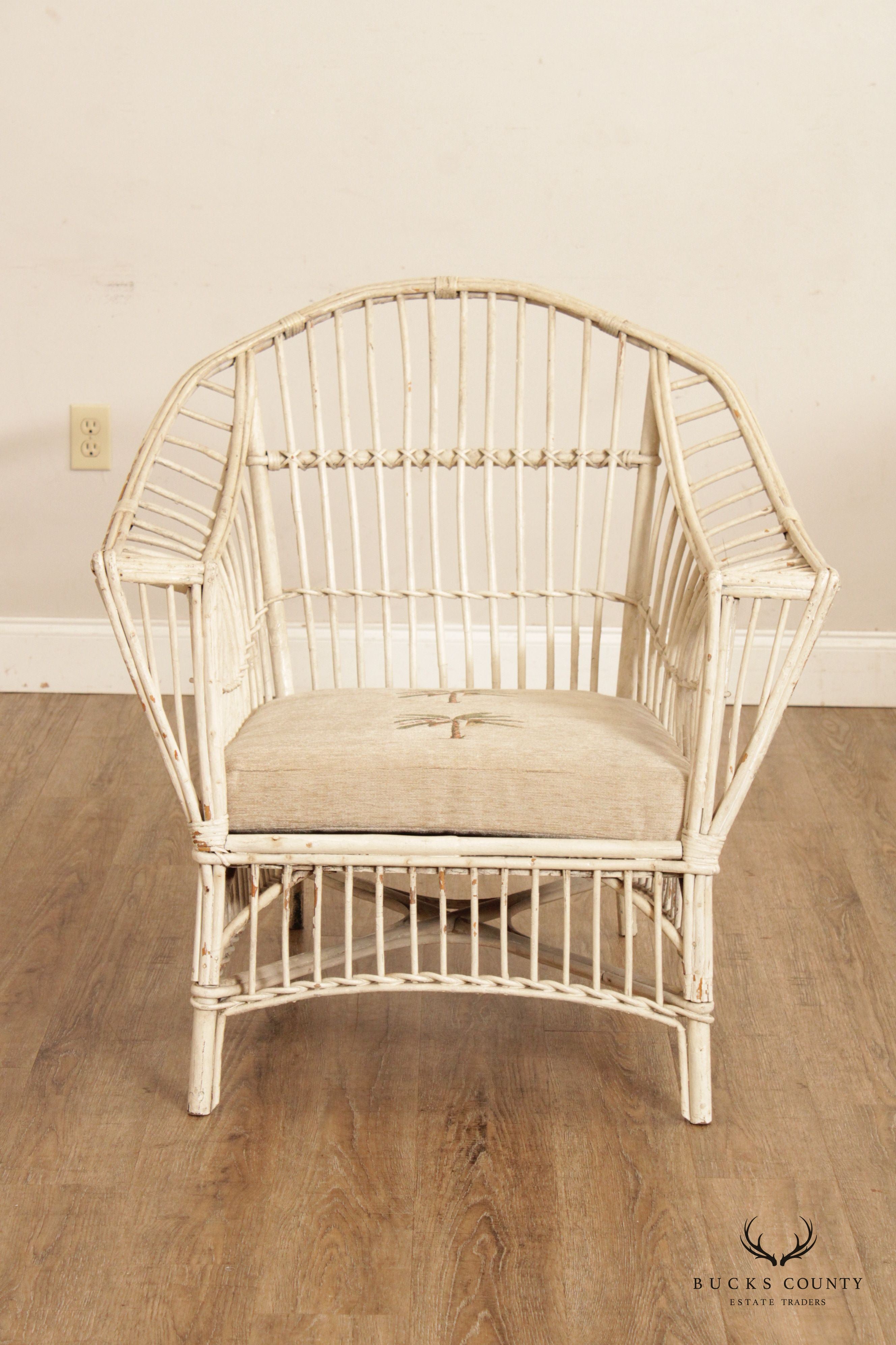 Vintage Coastal White Painted Split Reed Wicker Rattan Pair Patio Lounge Chairs