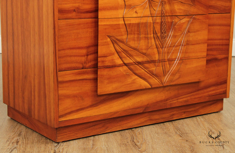 Mid Century Modern Hawaiian Carved Koa Wood Chest of Drawers