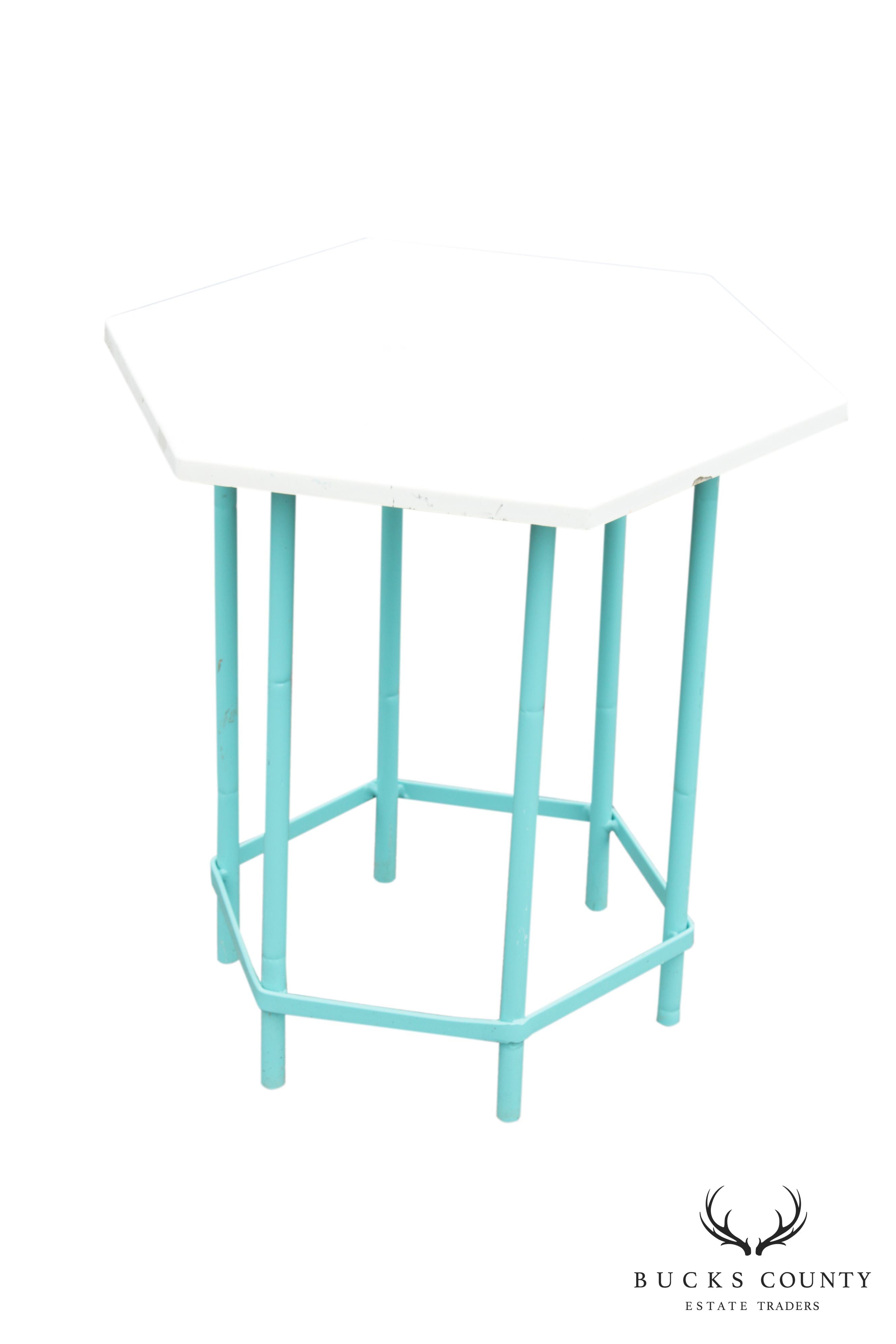 Mid Century Modern Teal Painted Base Hexagon Top Patio Side Table