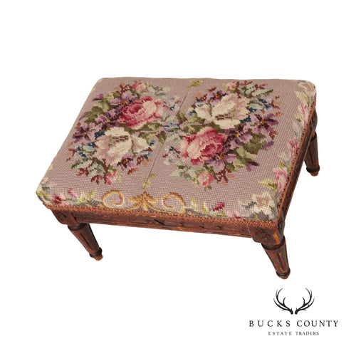 Needlepoint Upholstered Antique 1900 Maple Footstool