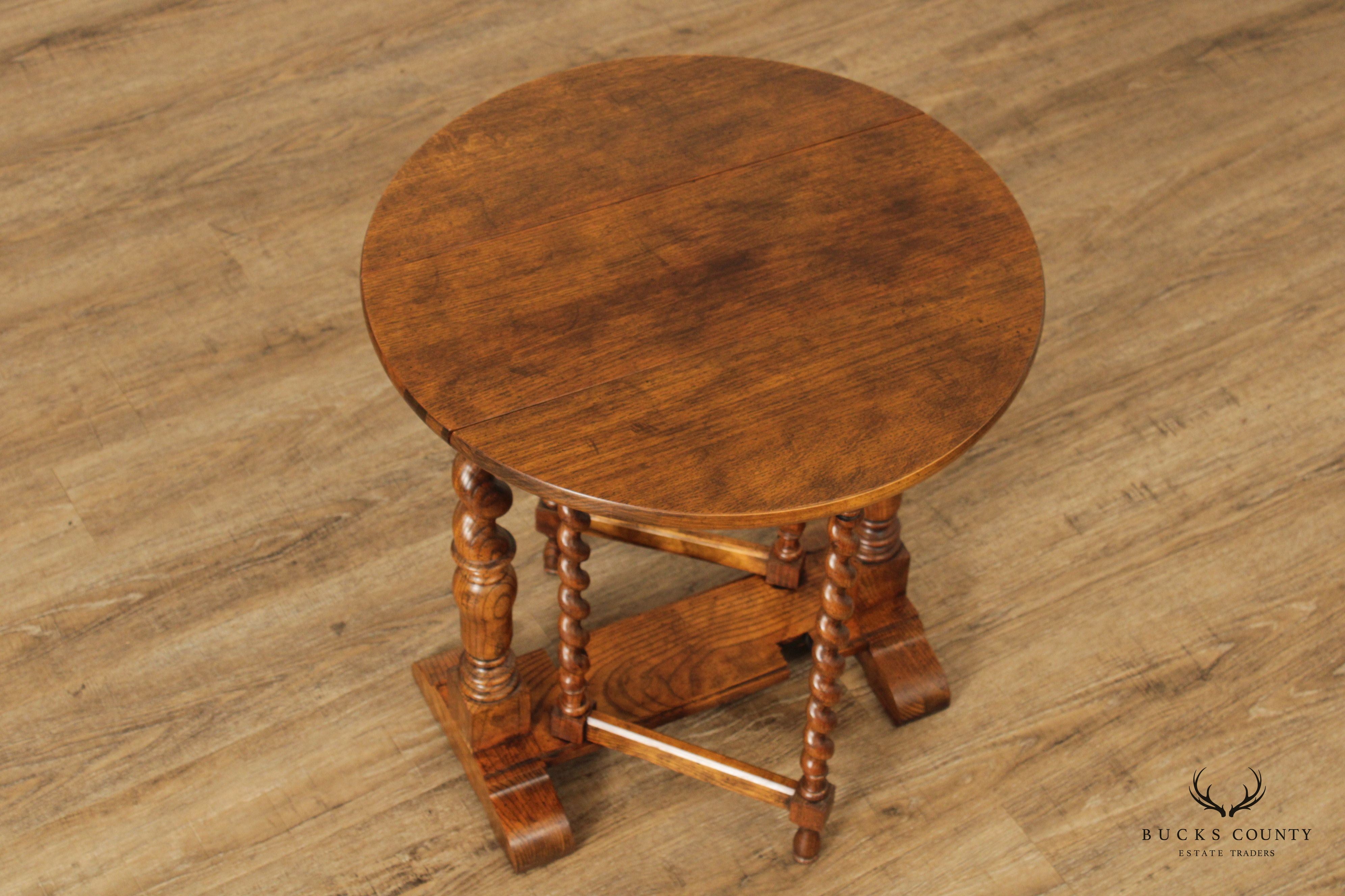 Baker Furniture Jacobean Style Oak Barley Twist Drop Leaf Table