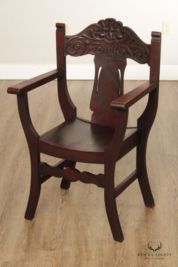 Antique Victorian North Wind Carved Side Campaign Chair