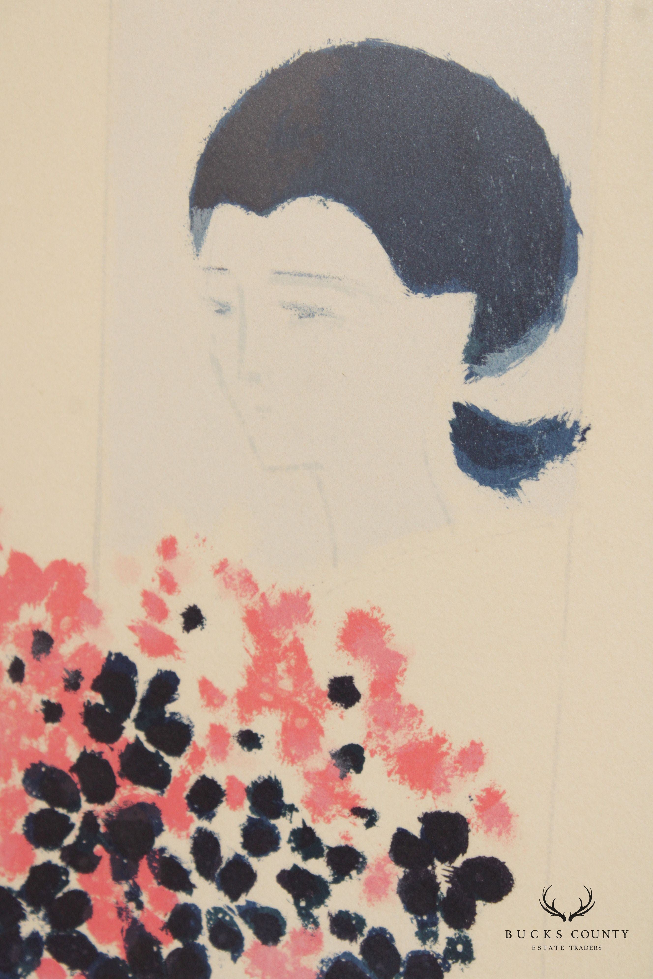 Andre Brasillier Framed Lithograph of a Woman with Flowers