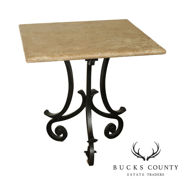 Hand Forged Iron Base 42" Pub Table Square Travertine Top
