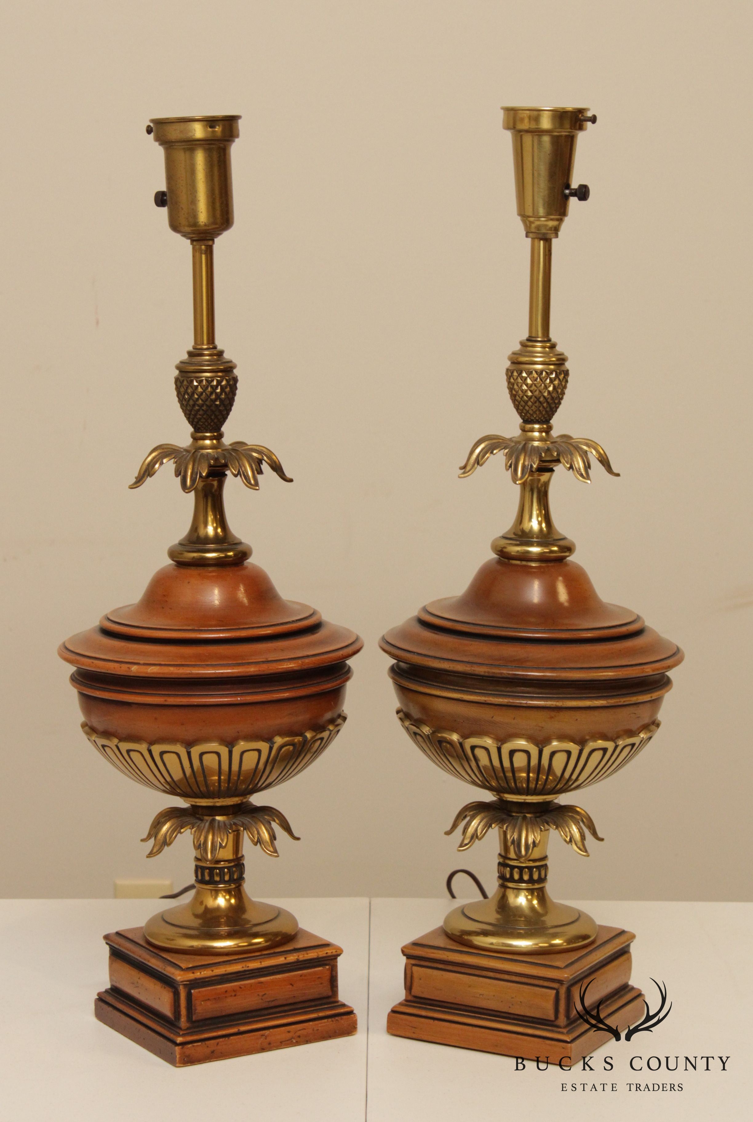 Stiffel Vintage Pair Wood & Brass Urn Form Table Lamps