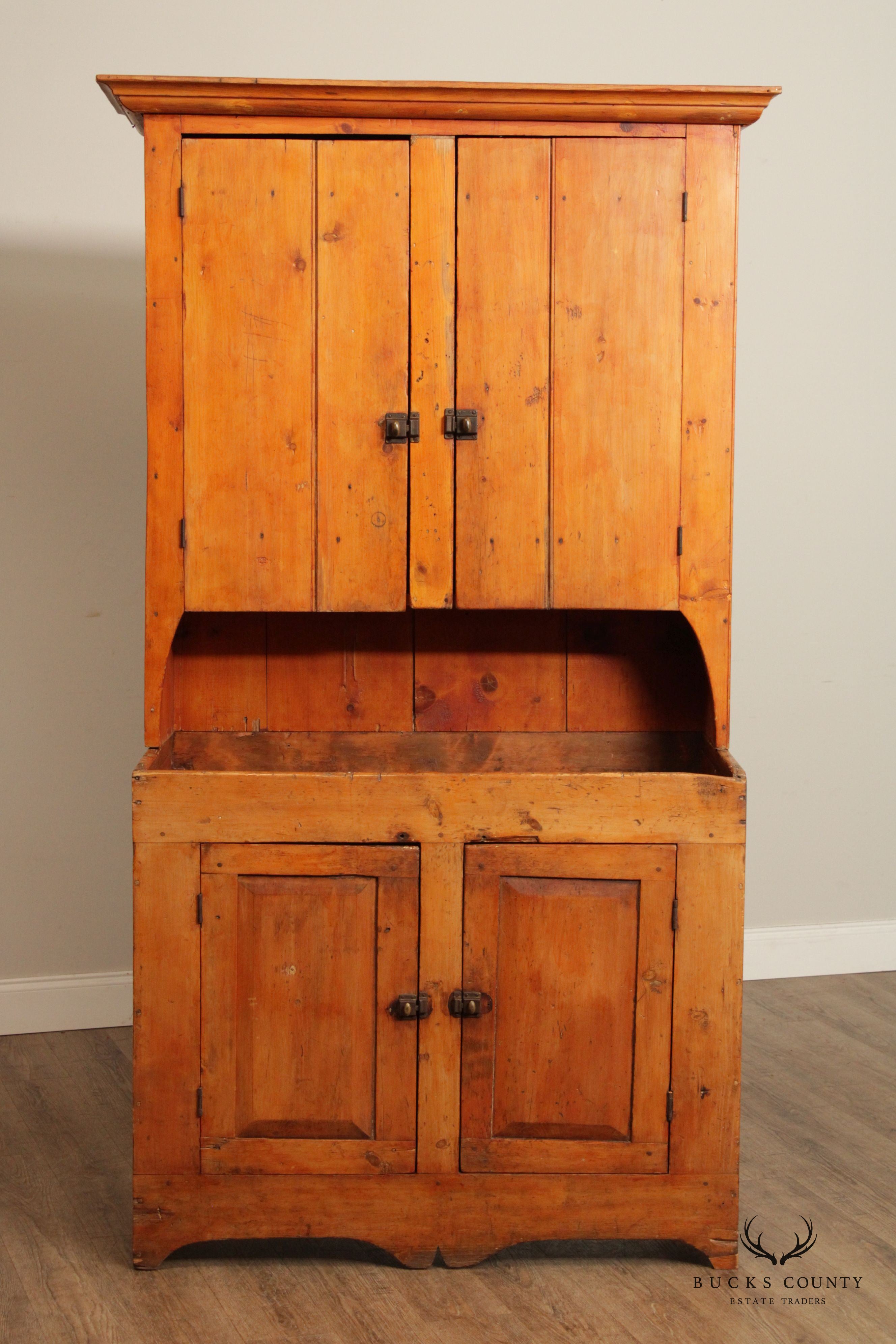 Antique Farmhouse Pine Dry Sink Hutch Cabinet