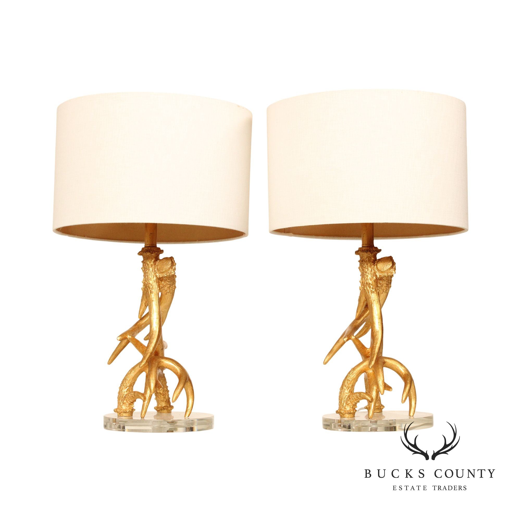 Contemporary Rustic Pair Gilt Antler Table Lamps