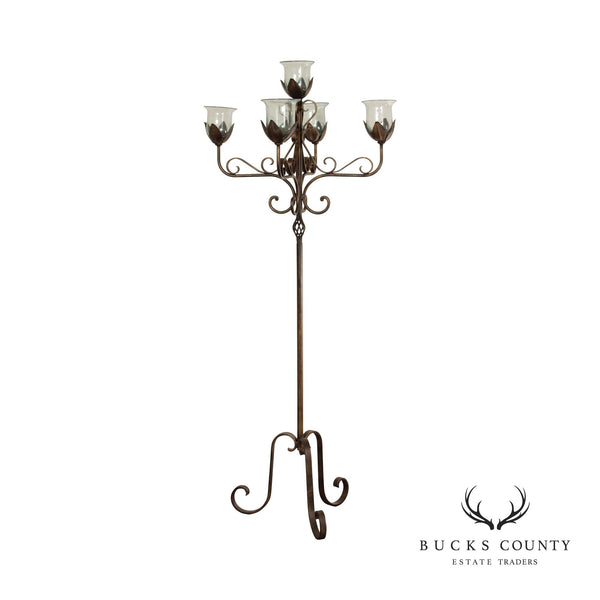 Wrought Iron Floor Candelabra With Glass Shades