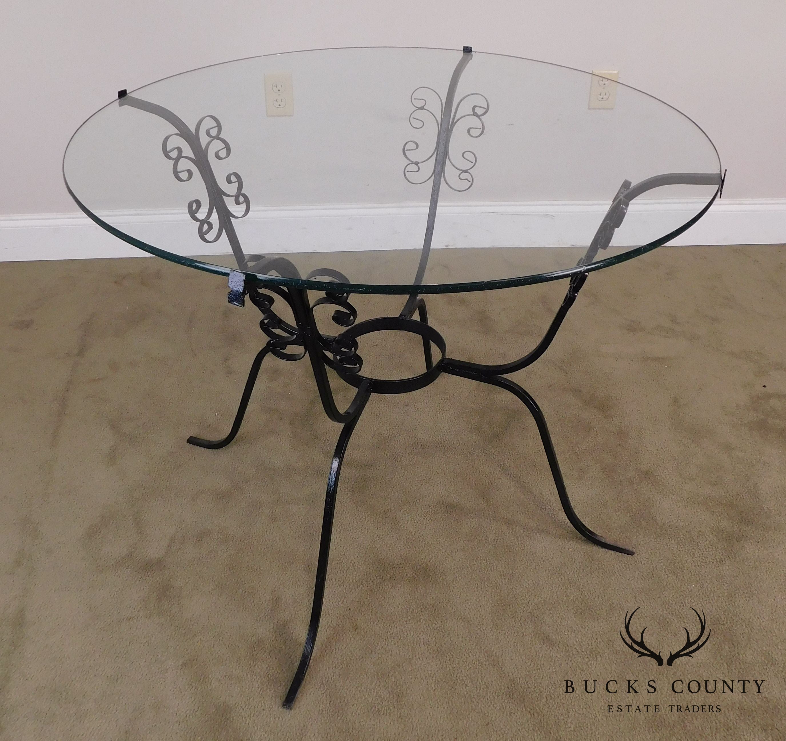 Vintage Black Scrolled Wrought Iron Round Glass Top Table