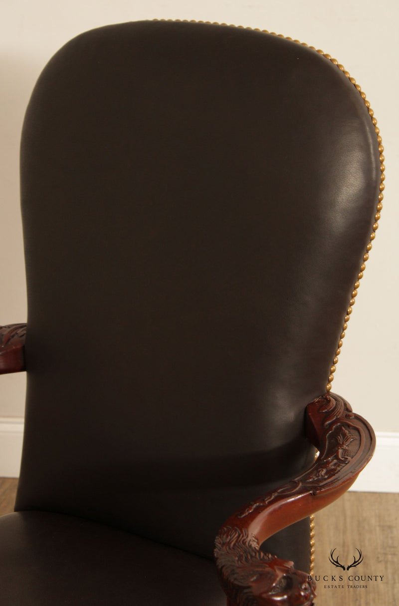 Maitland Smith Georgian Style Lion-Carved Leather Armchair