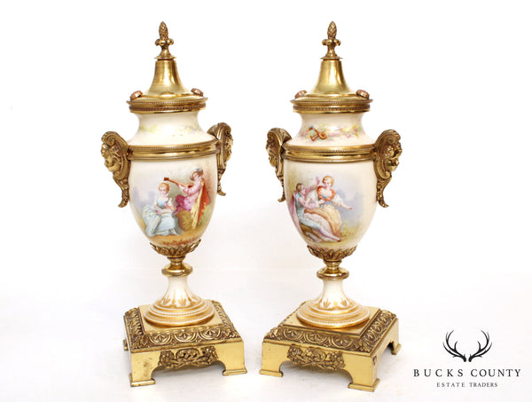 Antique French Sevres Style Porcelain & Brass Urns