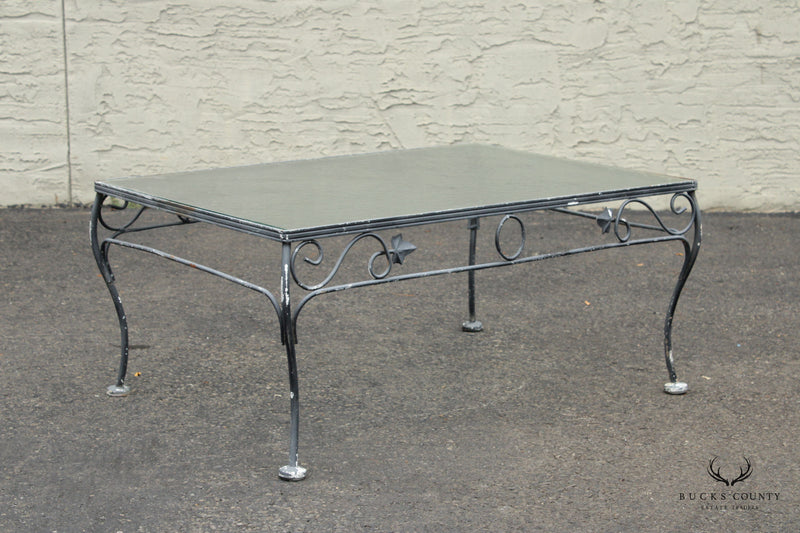 Mid Century Wrought Iron and Glass Top Outdoor Cocktail Table