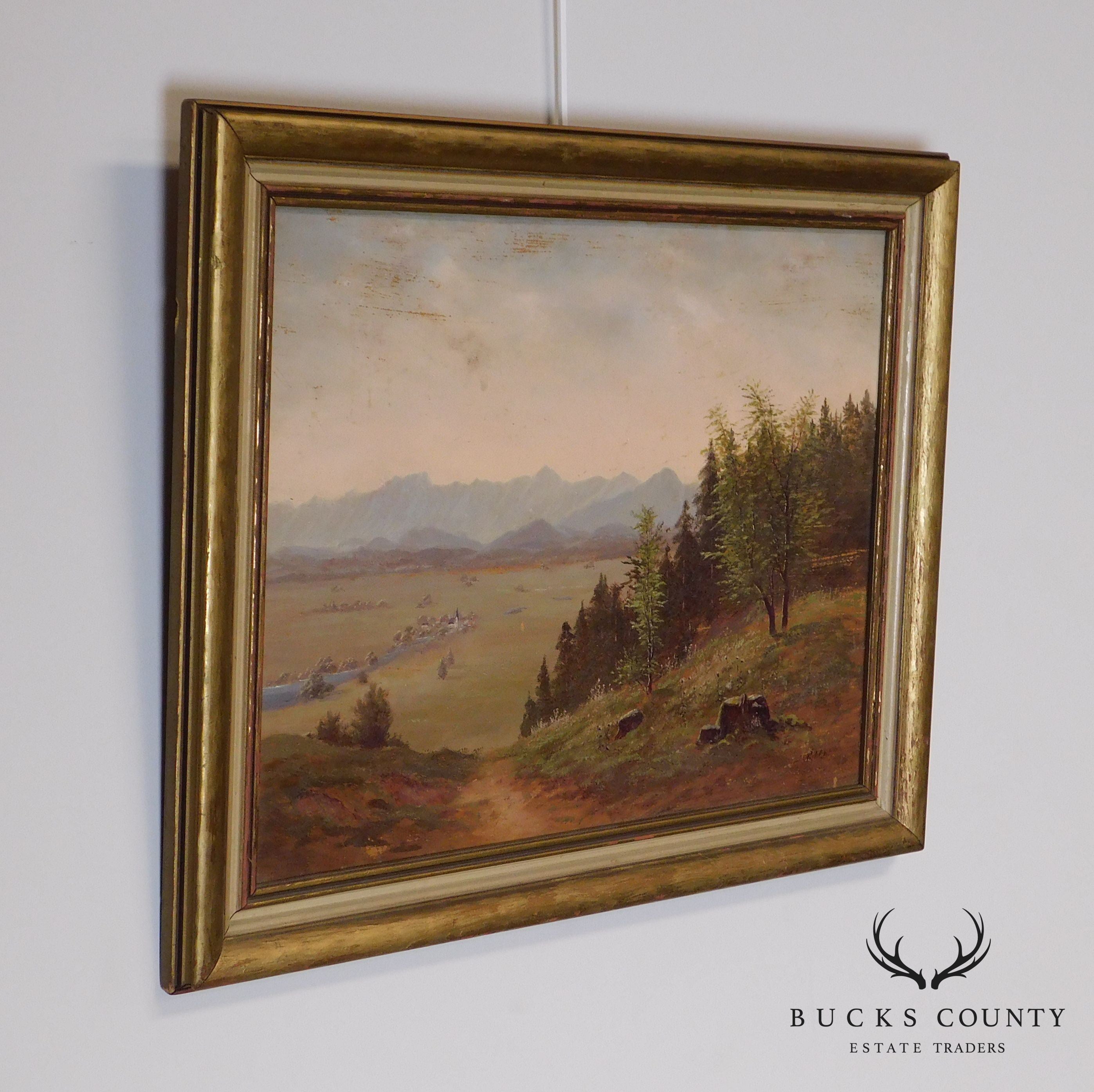 Mountain Valley Scene Framed Oil Painting On Board - Artist's Signature Illegible