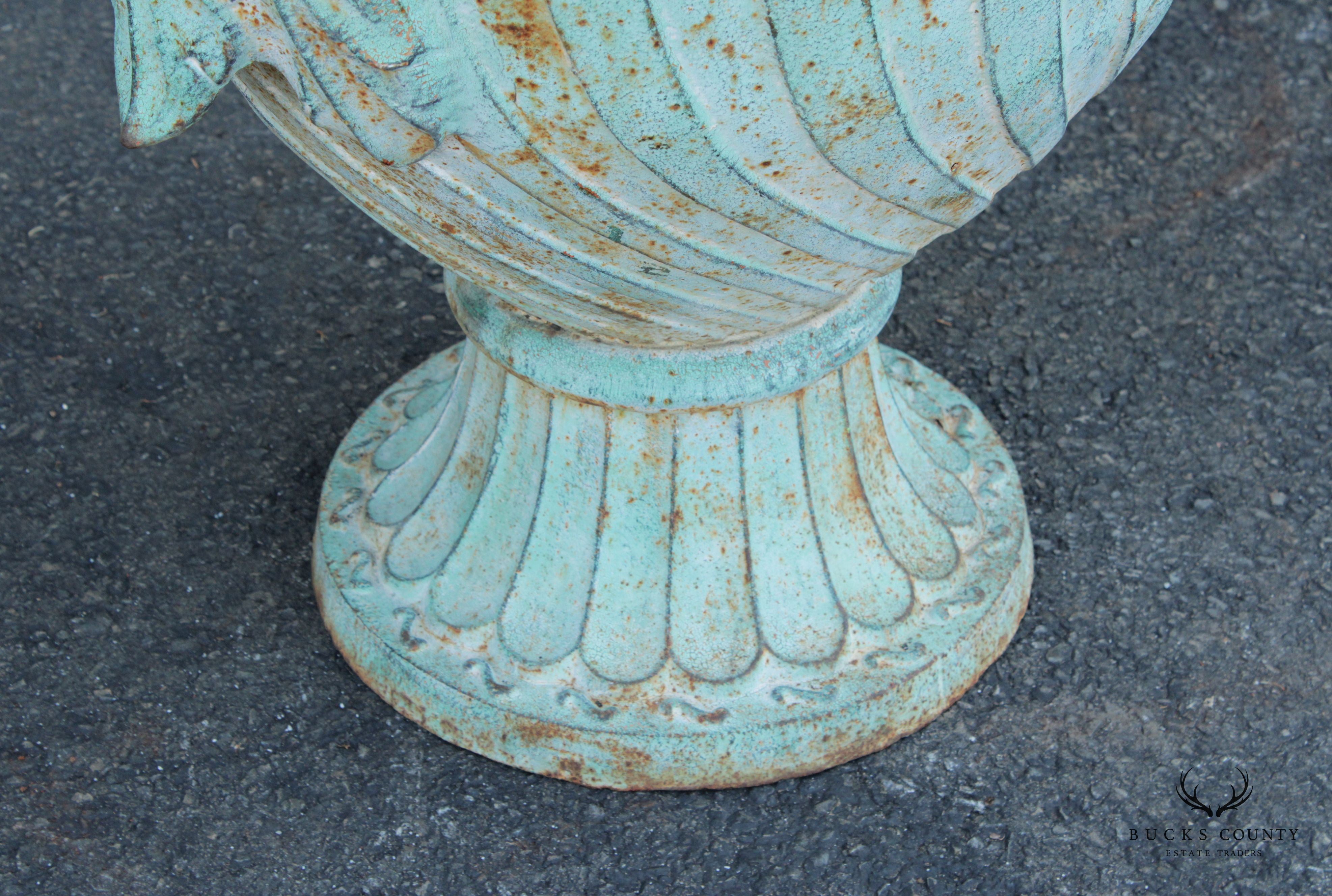 Neoclassical Style Large Pair Verdigris Cast Iron Urn Garden Planters