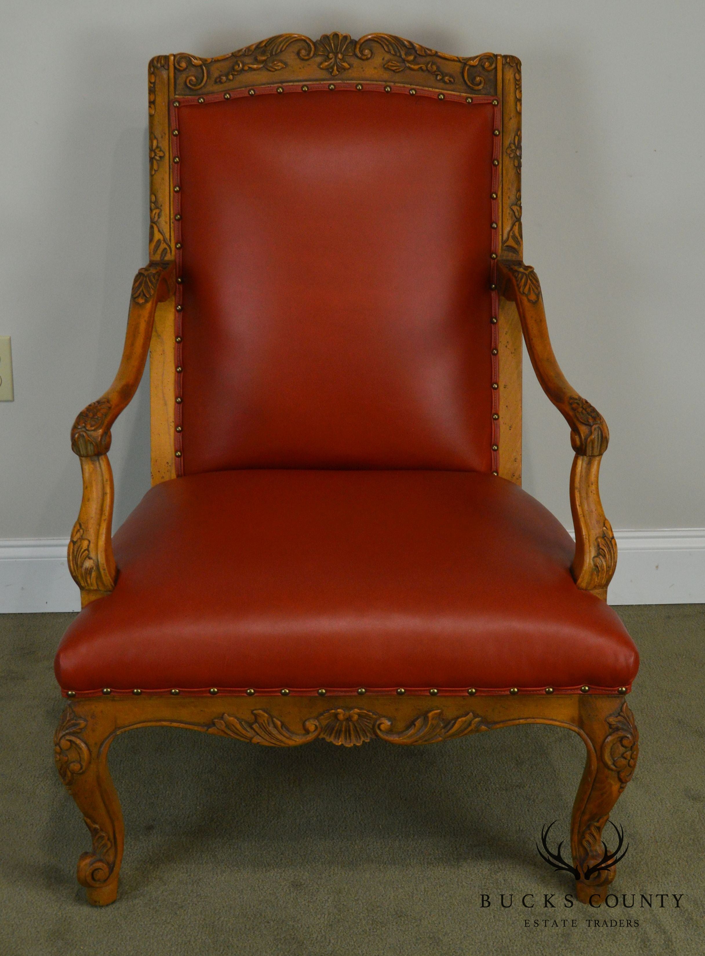 Baker Vintage French Louis XV Style Large Leather Fautevil Arm Chair