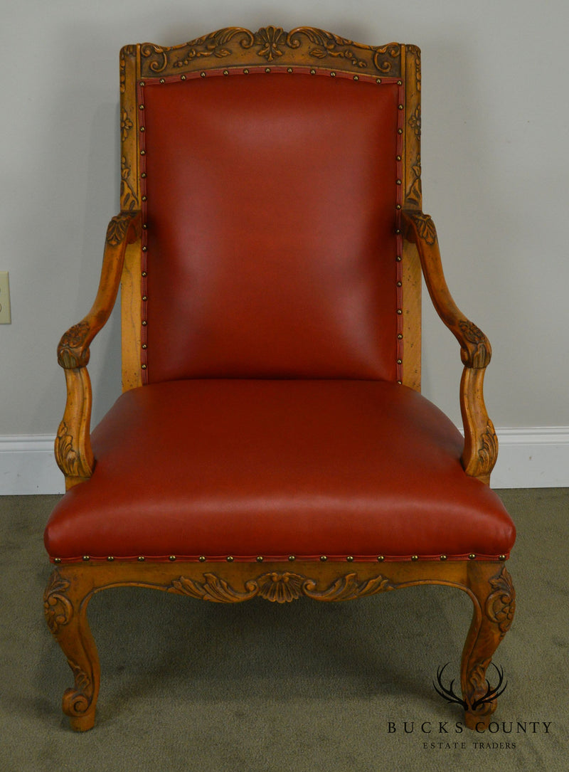 Baker Vintage French Louis XV Style Large Leather Fautevil Arm Chair