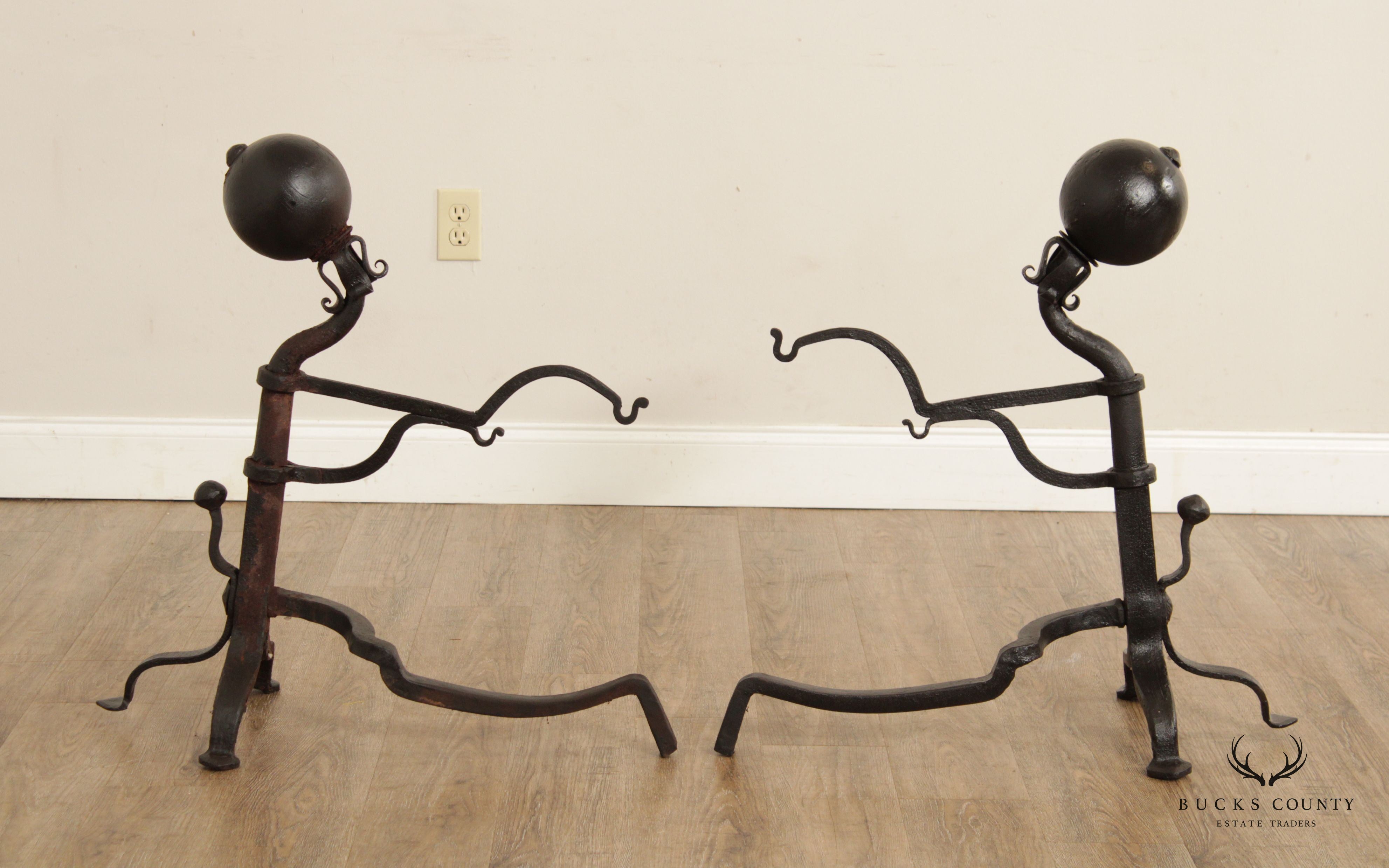 Antique 19th C. Pair Wrought Iron Cannonball Andirons