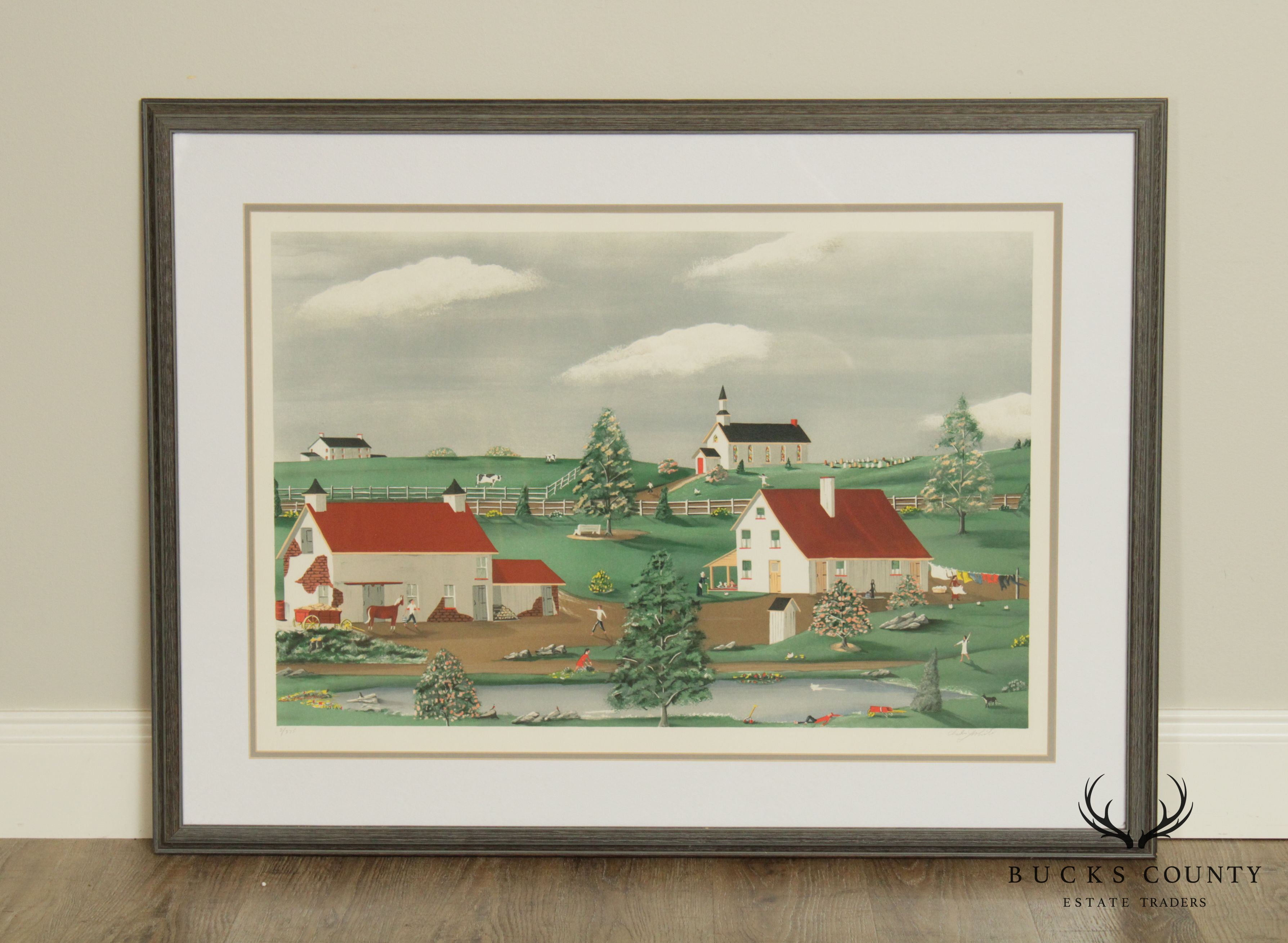 Charles J. White Signed Folk Art Landscape Lithograph